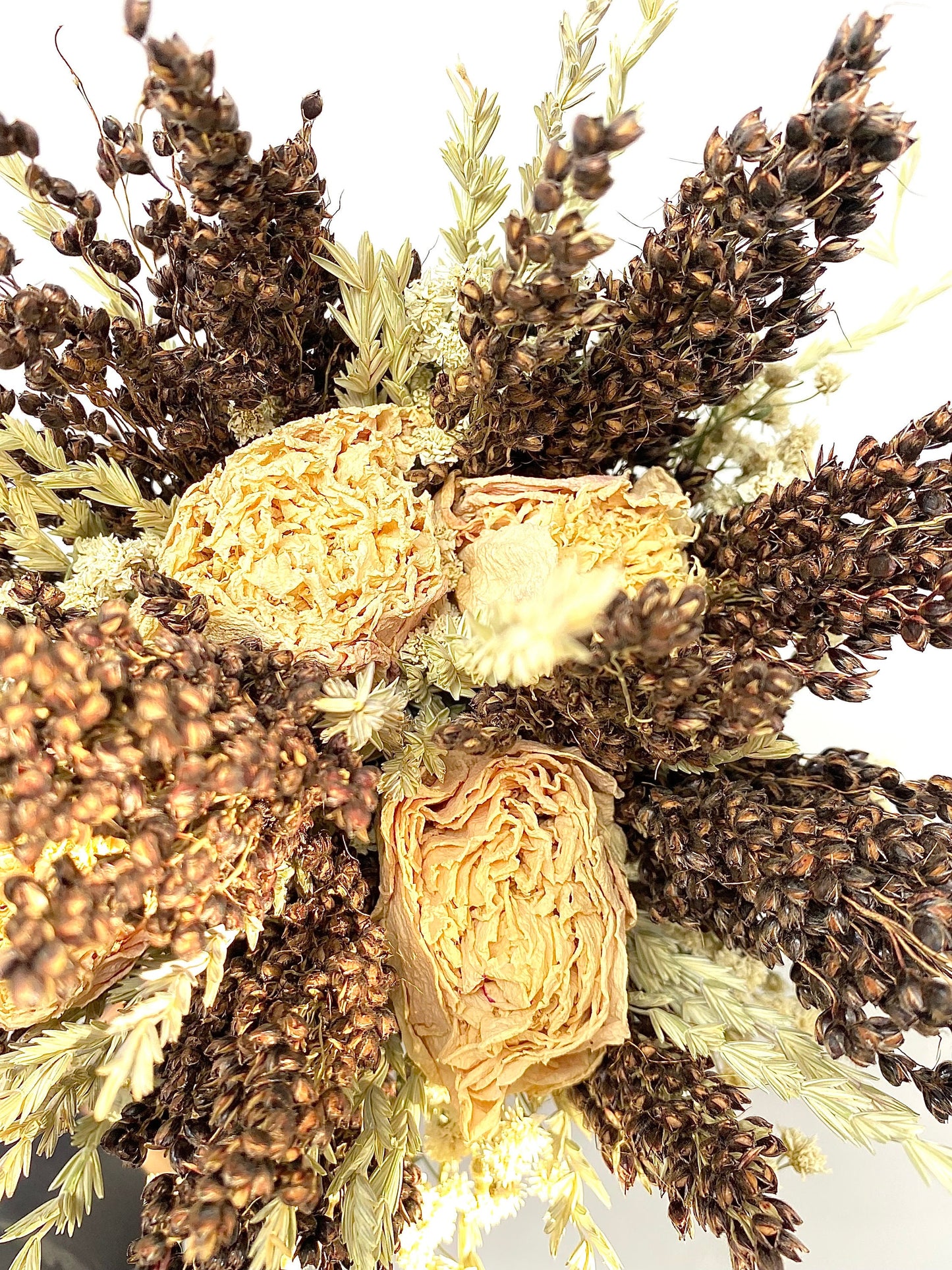 Wedding Bouquet, Dried Flowers, Preserved, Bridal, Cream, White Peony, Achillea of Pearl, Arrow Grass, Black Sorghum, Cream