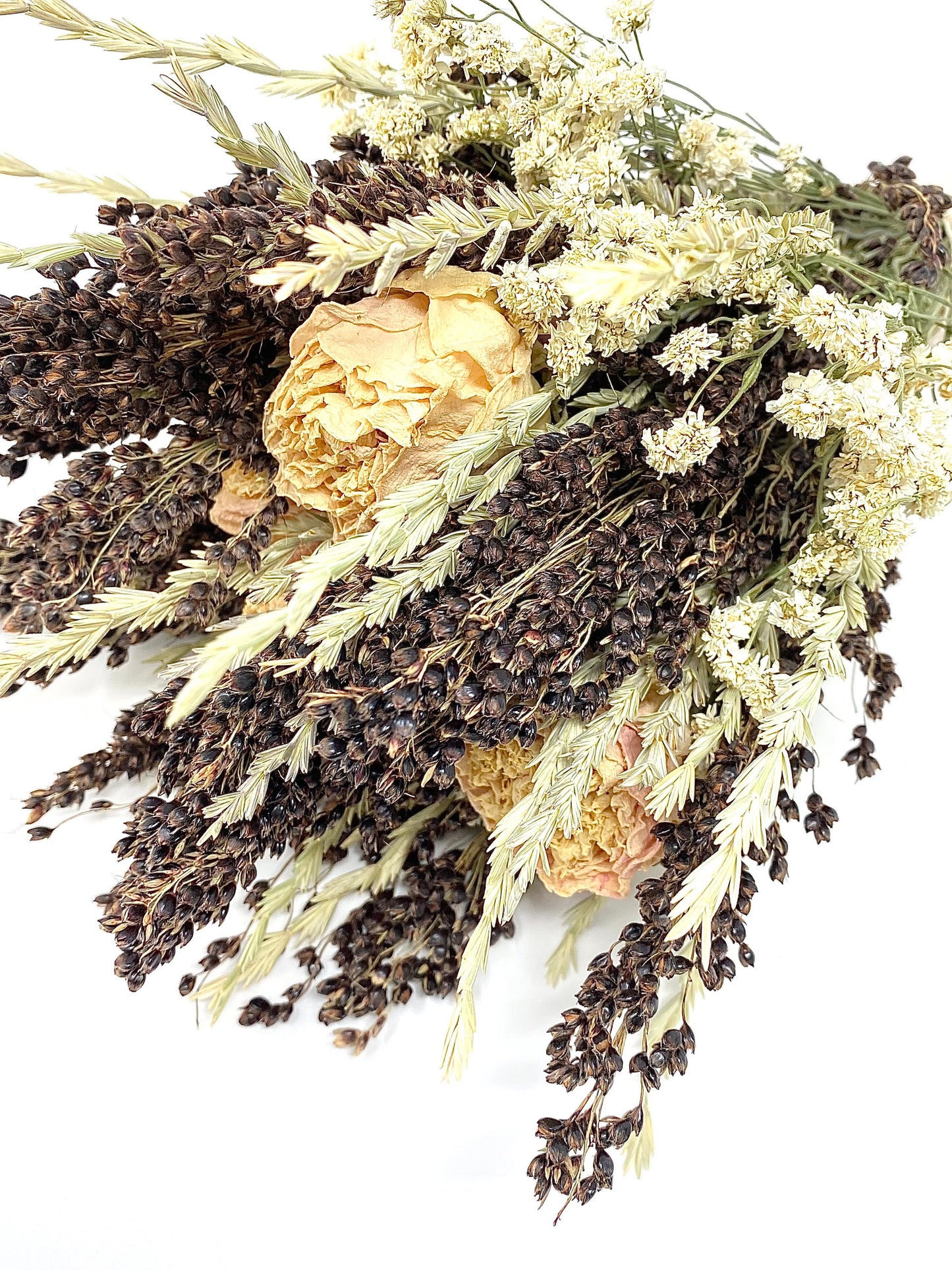 Wedding Bouquet, Dried Flowers, Preserved, Bridal, Cream, White Peony, Achillea of Pearl, Arrow Grass, Black Sorghum, Cream