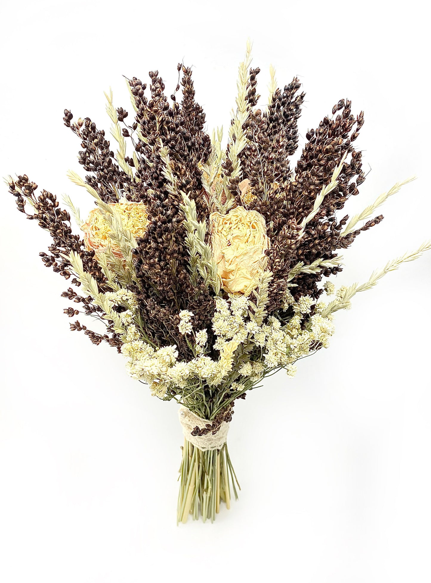 Wedding Bouquet, Dried Flowers, Preserved, Bridal, Cream, White Peony, Achillea of Pearl, Arrow Grass, Black Sorghum, Cream