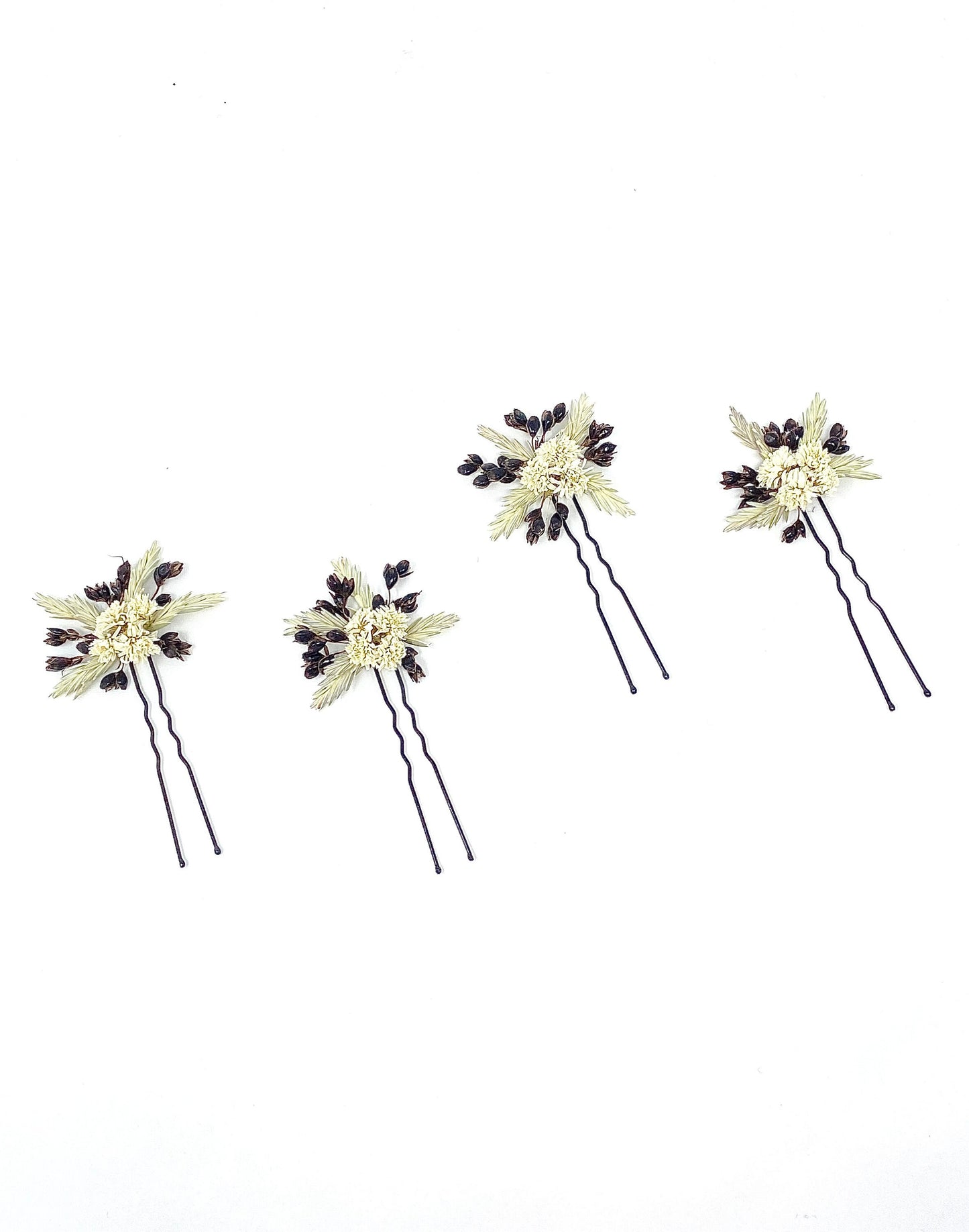 Wedding Hair Pins, Dried Flowers, Preserved Floral, Bridal Accessories, White and Brown, Achillia of Pearl