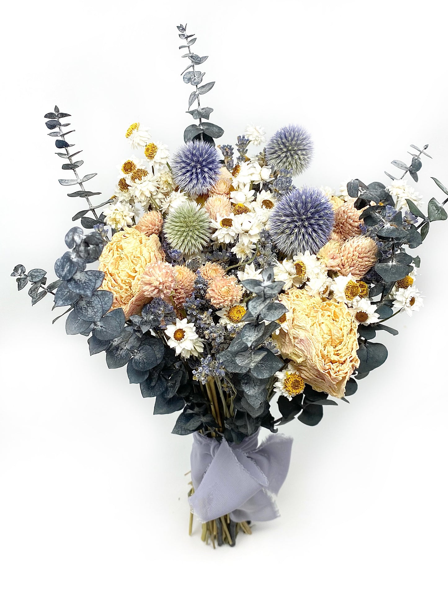 Summer Bouquet, Dusty Blue, Dried Wedding Bouquet, Peonies, Floral, Globe Thistle, Eucalyptus, Bridal, Nigella, Preserved Flowers, Lavender