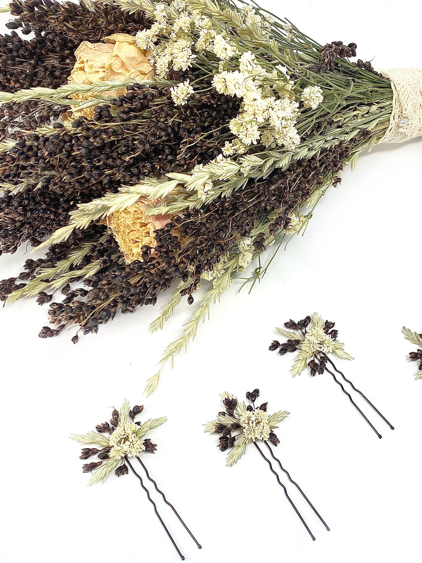 Wedding Bouquet, Dried Flowers, Preserved, Bridal, Cream, White Peony, Achillea of Pearl, Arrow Grass, Black Sorghum, Cream