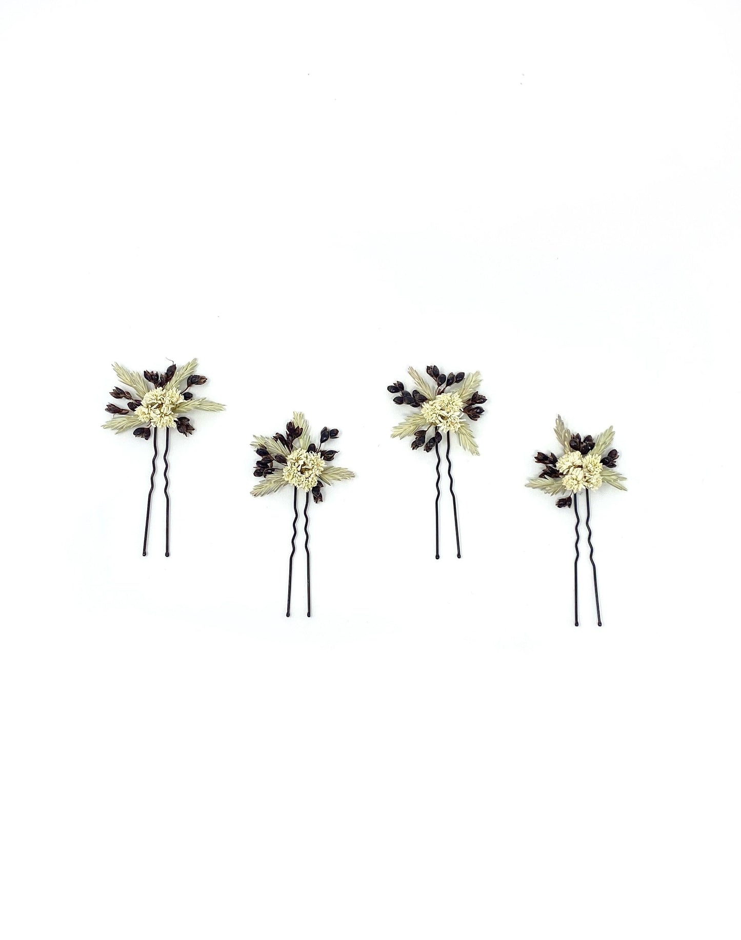 Wedding Hair Pins, Dried Flowers, Preserved Floral, Bridal Accessories, White and Brown, Achillia of Pearl