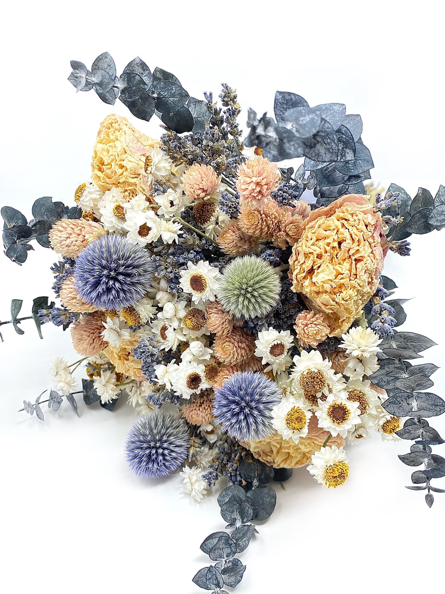 Summer Bouquet, Dusty Blue, Dried Wedding Bouquet, Peonies, Floral, Globe Thistle, Eucalyptus, Bridal, Nigella, Preserved Flowers, Lavender