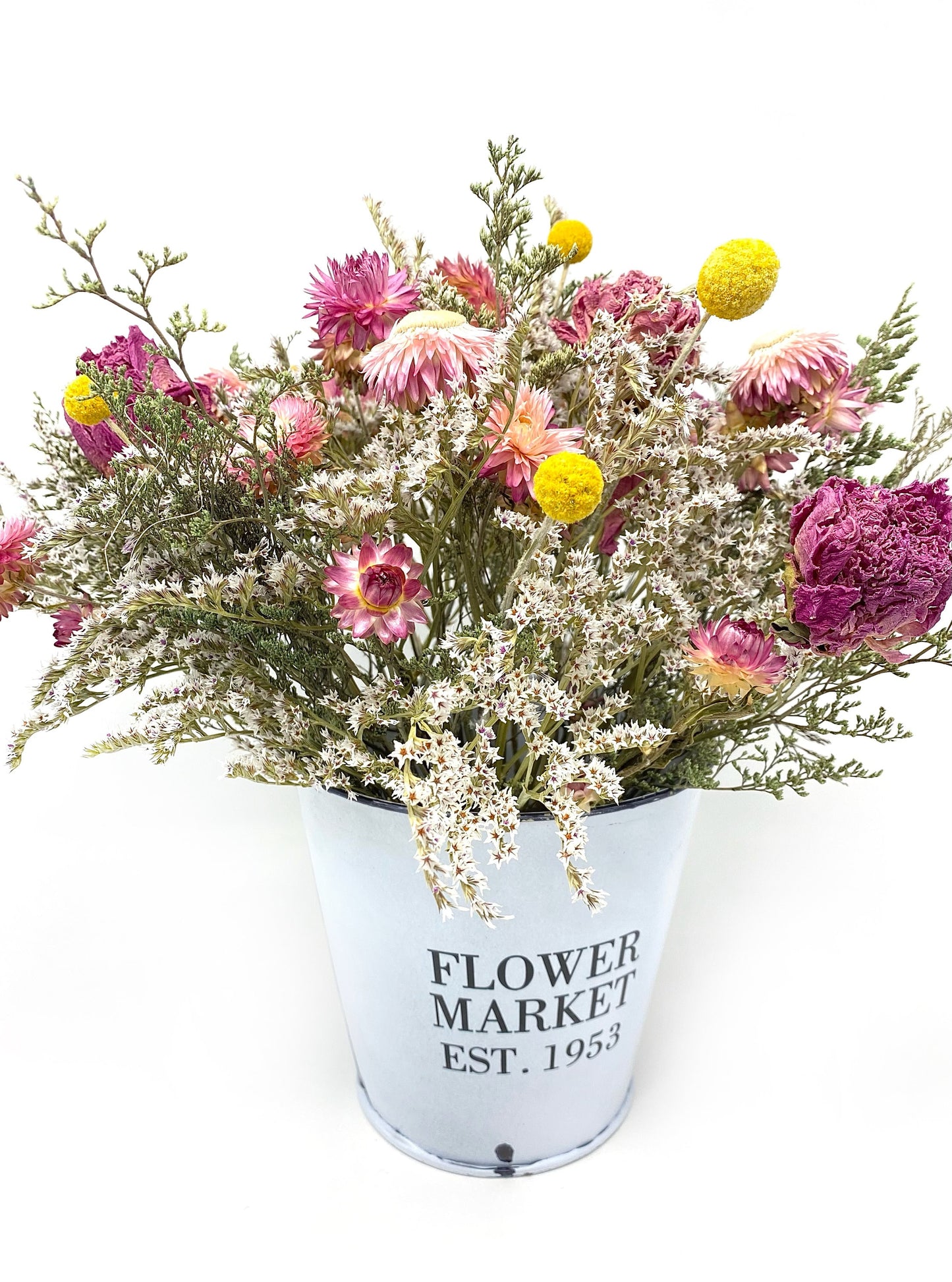 Mothers Day Flower Arrangement, Dried Floral, Spring Bouquet, White Bucket, Pink, Purple, Preserved, Peonies, Natural Flowers, Center Piece