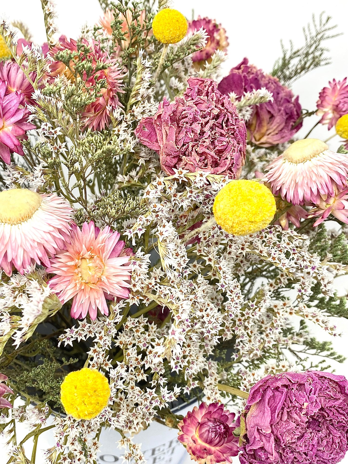 Mothers Day Flower Arrangement, Dried Floral, Spring Bouquet, White Bucket, Pink, Purple, Preserved, Peonies, Natural Flowers, Center Piece