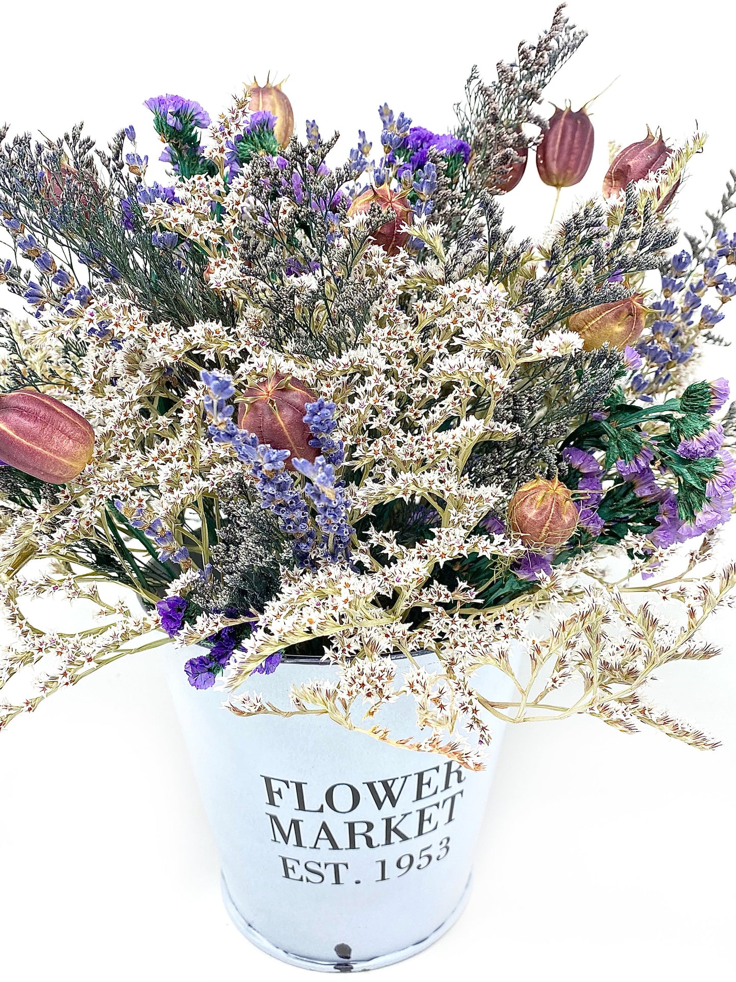 Mothers Day Flower Arrangement, Dried Floral, Spring Bouquet, White Bucket, Pink, Purple, Preserved, Peonies, Natural Flowers, Center Piece