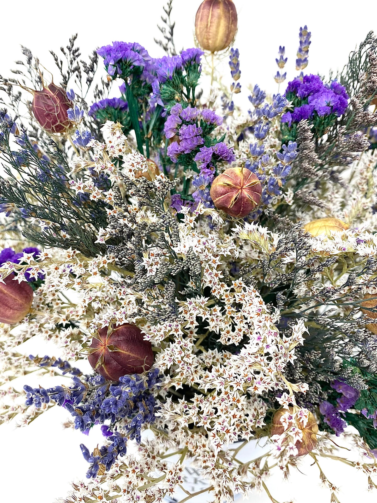 Mothers Day Flower Arrangement, Dried Floral, Spring Bouquet, White Bucket, Pink, Purple, Preserved, Peonies, Natural Flowers, Center Piece