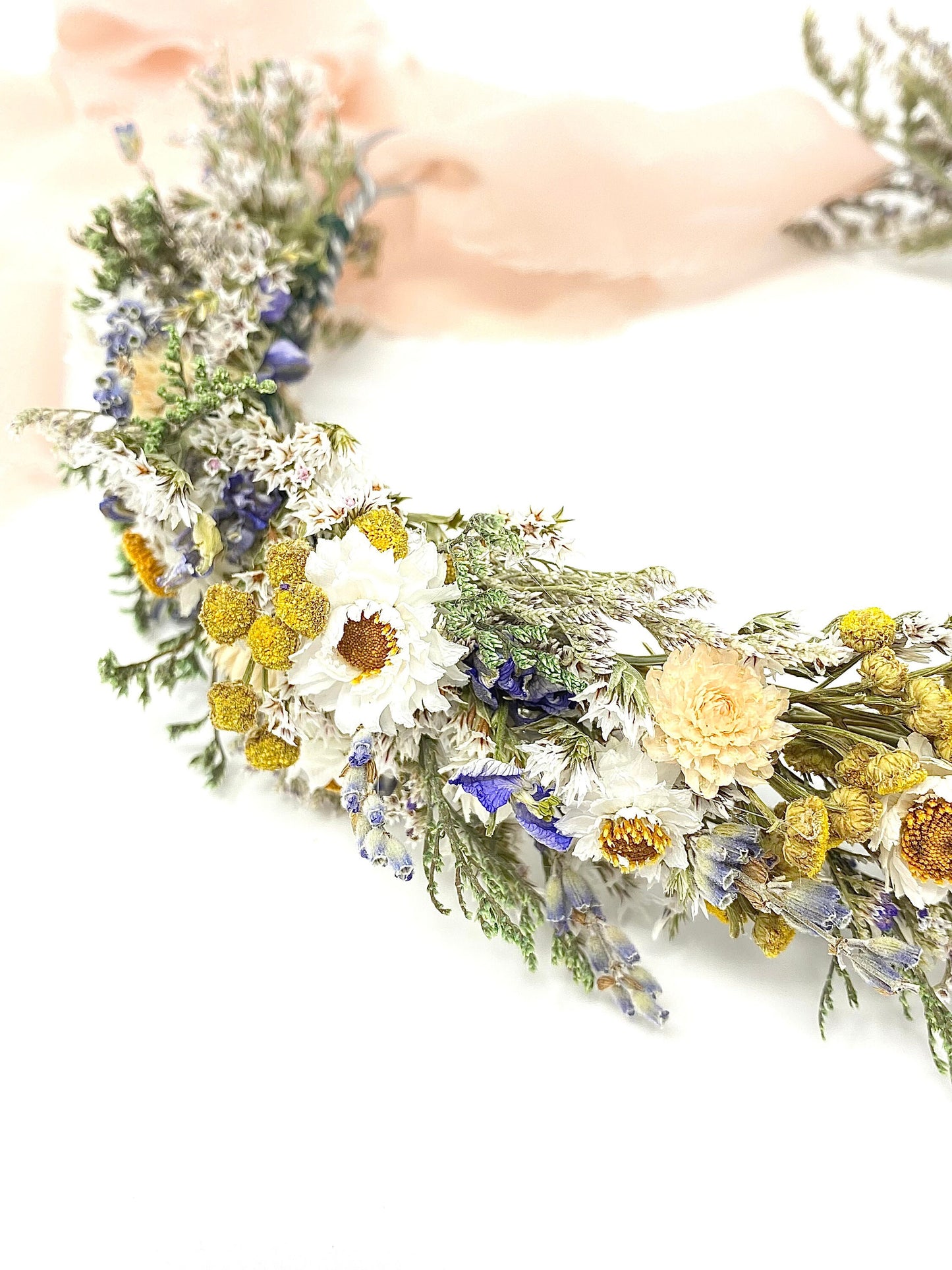 Wedding Head Wreath, Hair Accessory, Halo, Boho, Wild Flower, Floral, Dried Flowers, Simple, Rustic, Preserved, Ammobium, German Statice
