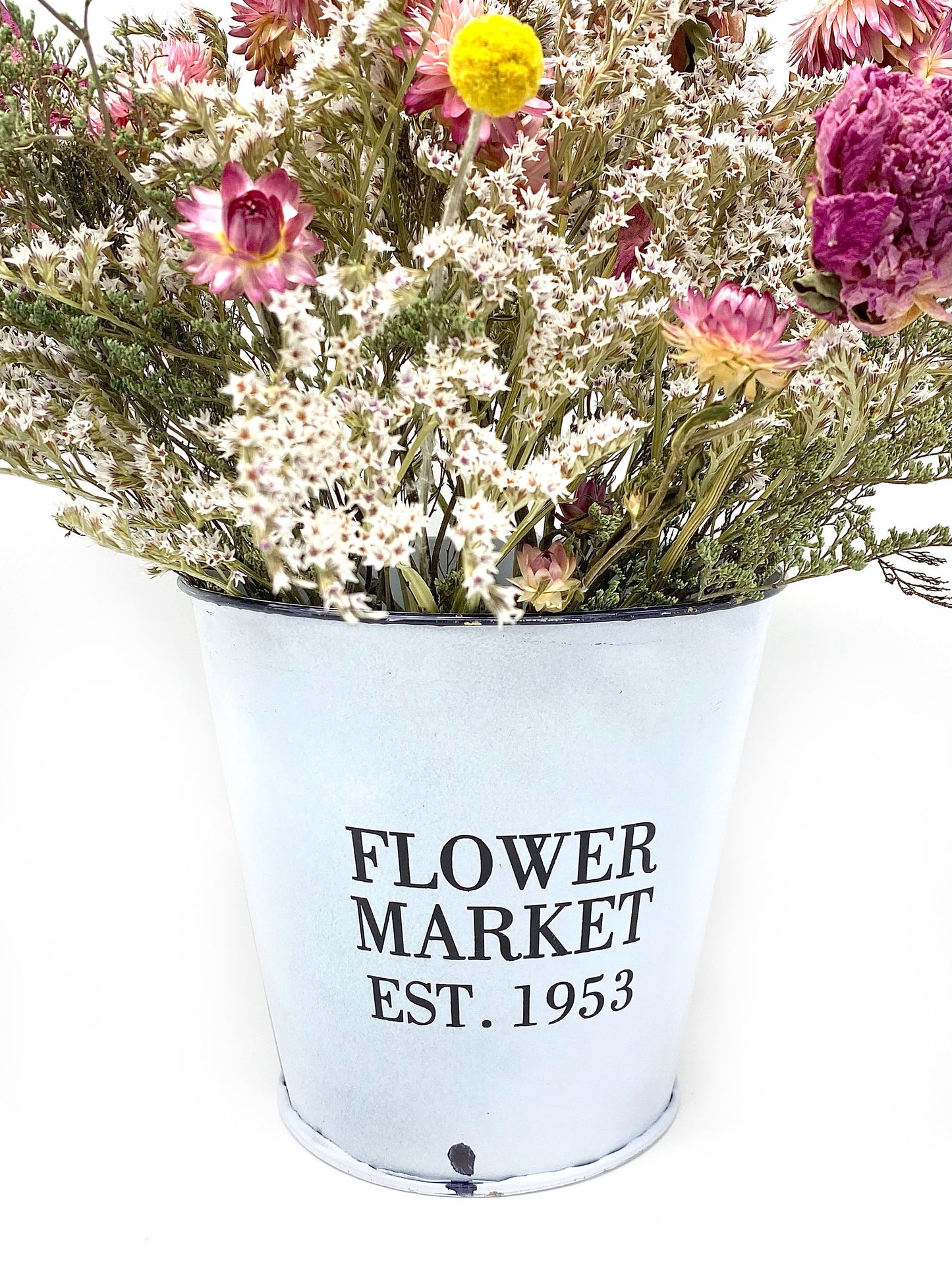 Mothers Day Flower Arrangement, Dried Floral, Spring Bouquet, White Bucket, Pink, Purple, Preserved, Peonies, Natural Flowers, Center Piece