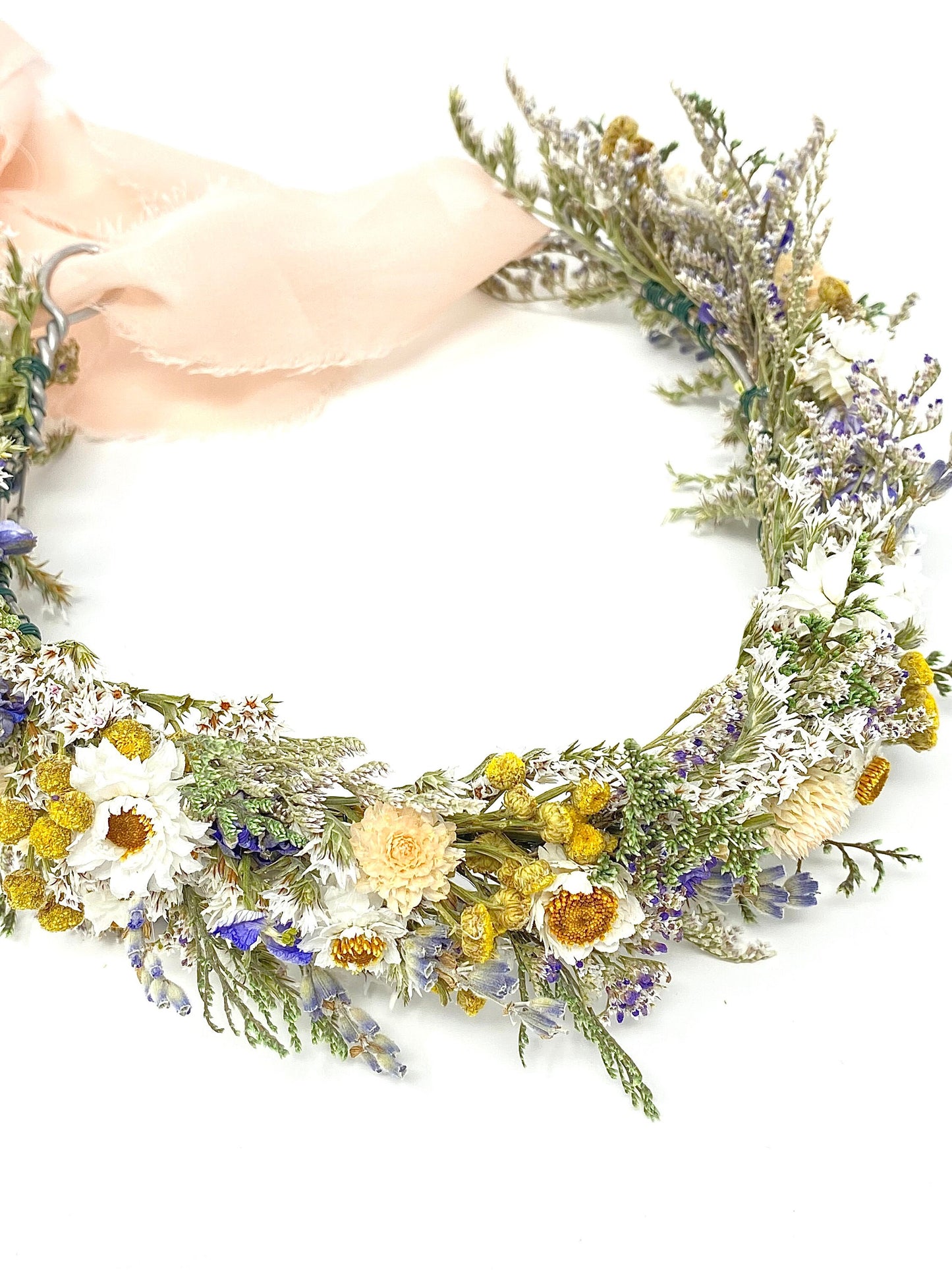 Wedding Head Wreath, Hair Accessory, Halo, Boho, Wild Flower, Floral, Dried Flowers, Simple, Rustic, Preserved, Ammobium, German Statice