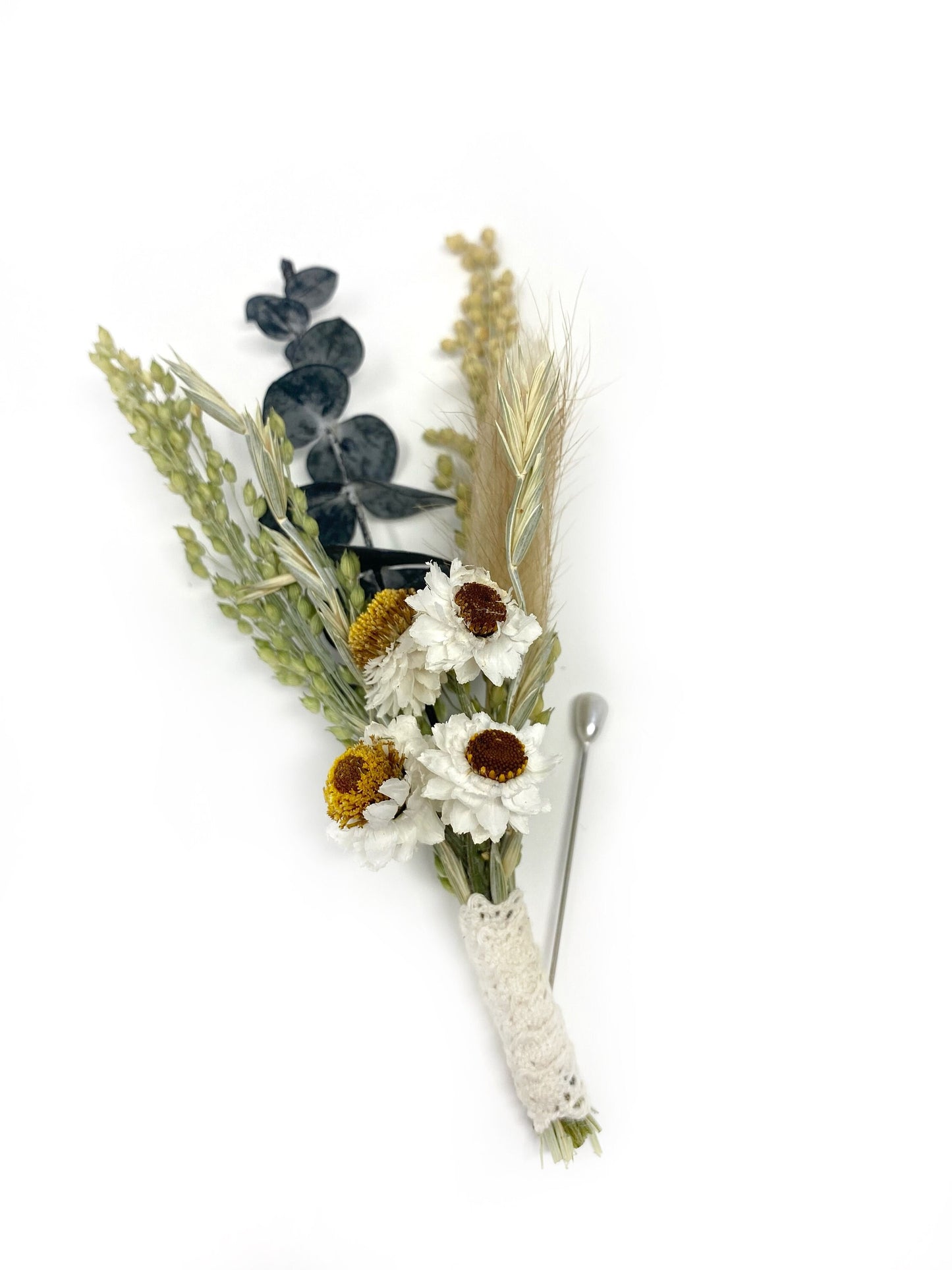Wedding Boutonniere, Dried Flowers, Preserved Flowers, Bunny Tails, Decor, White and Green, Bridal Accessories