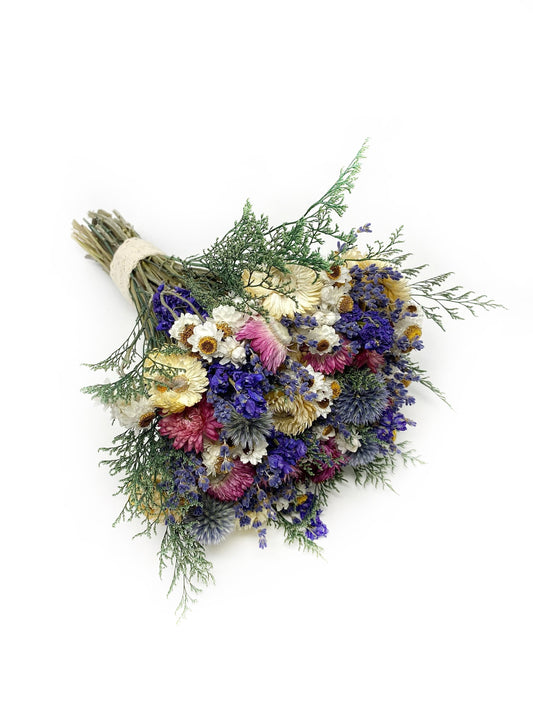 Wedding Bouquet, Dried Flowers, Strawflowers, Bridal, Lavender, Globe Thistles, Preserved Florals, Ammobium, Caspia