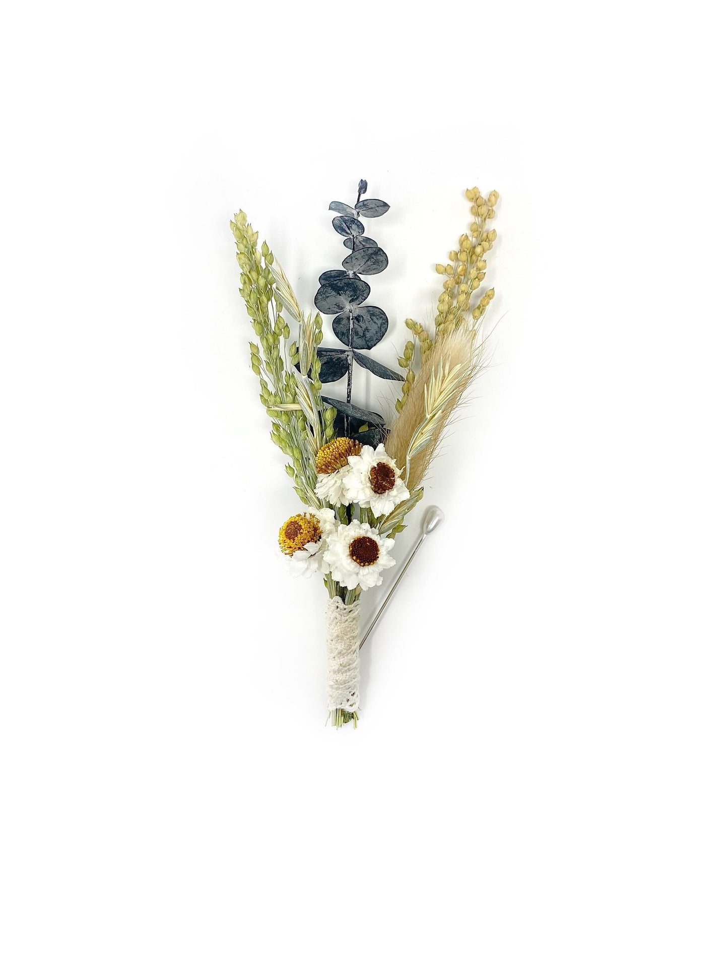 Wedding Boutonniere, Dried Flowers, Preserved Flowers, Bunny Tails, Decor, White and Green, Bridal Accessories