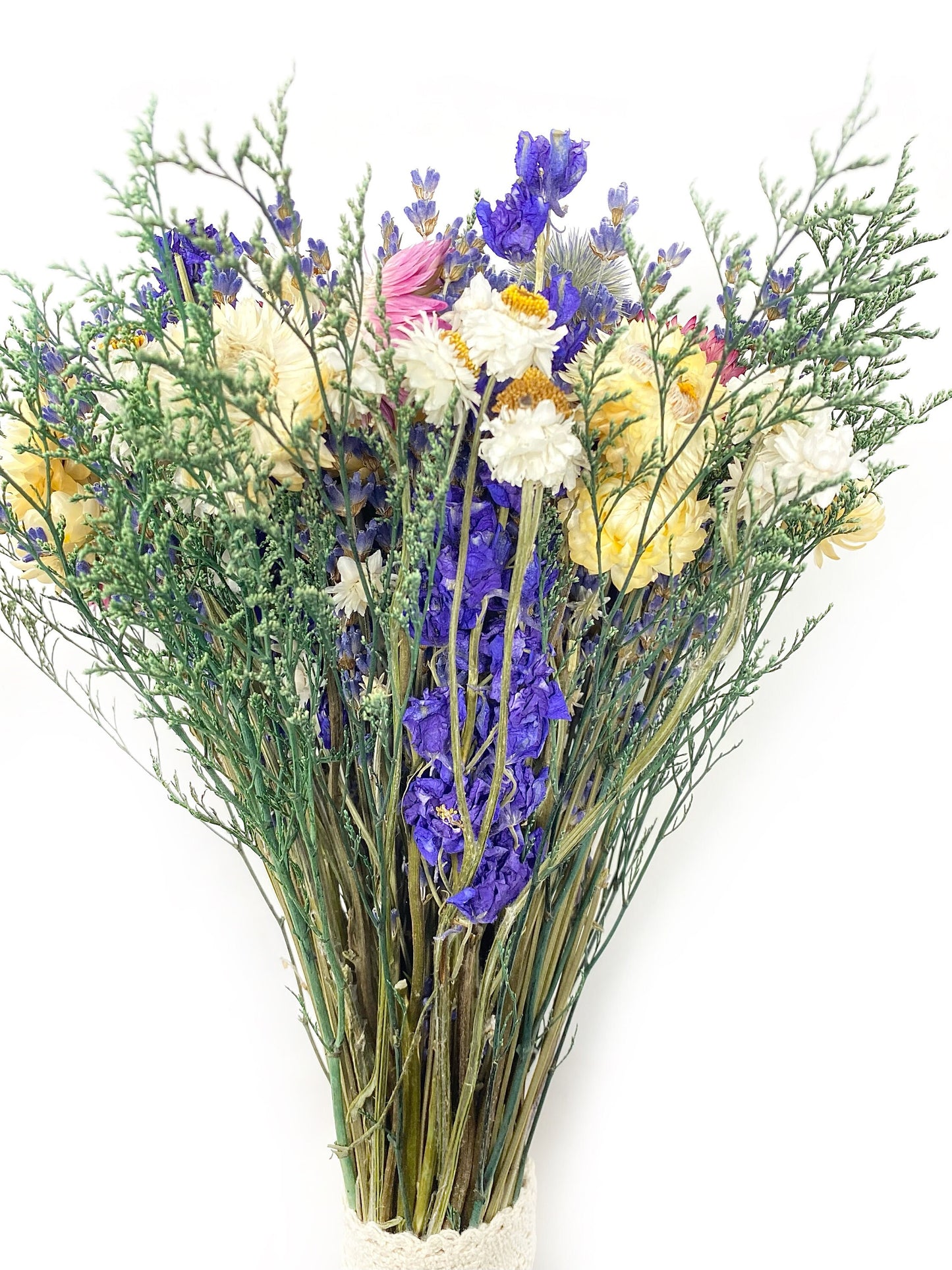 Wedding Bouquet, Dried Flowers, Strawflowers, Bridal, Lavender, Globe Thistles, Preserved Florals, Ammobium, Caspia