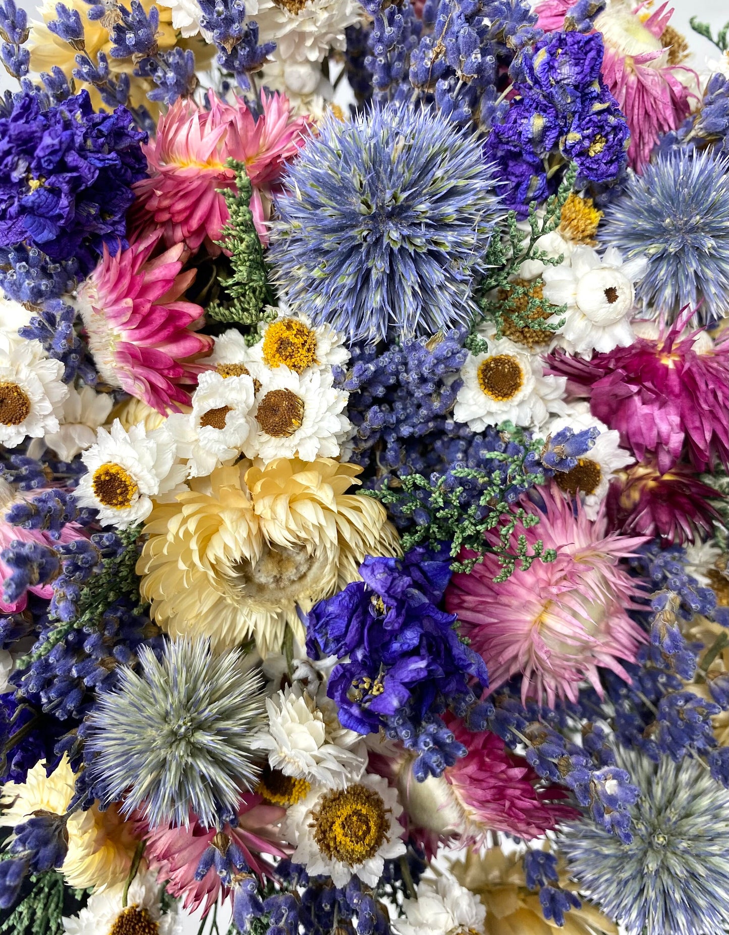 Wedding Bouquet, Dried Flowers, Strawflowers, Bridal, Lavender, Globe Thistles, Preserved Florals, Ammobium, Caspia