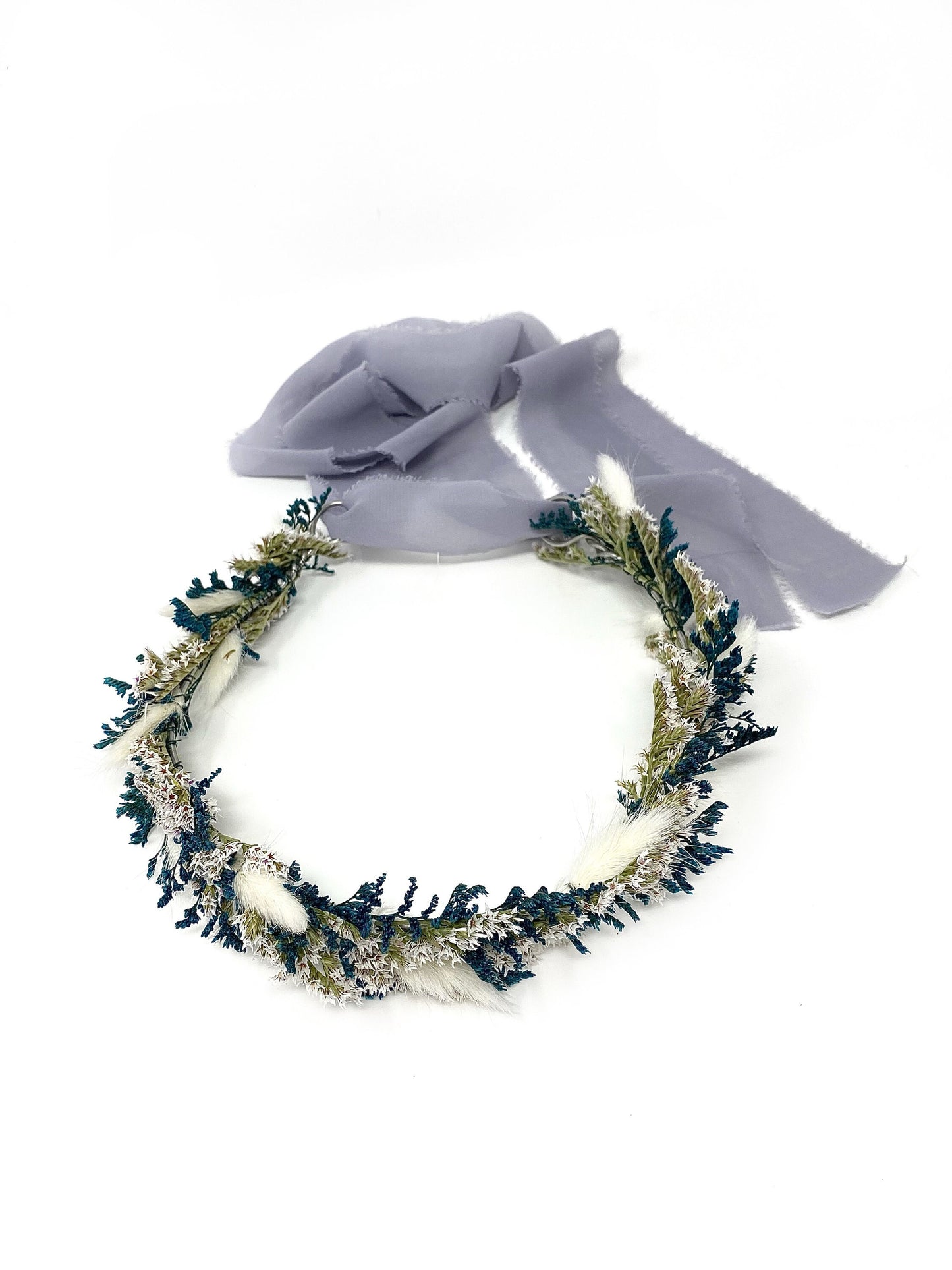 Clear Skies Collection, Wedding Bouquet, Dried Flowers, Winter, Preserved, Bridal, Globe Thistle, Bunny Tails, White, Ribbon, German Statice, Caspia, Blue, Dried
