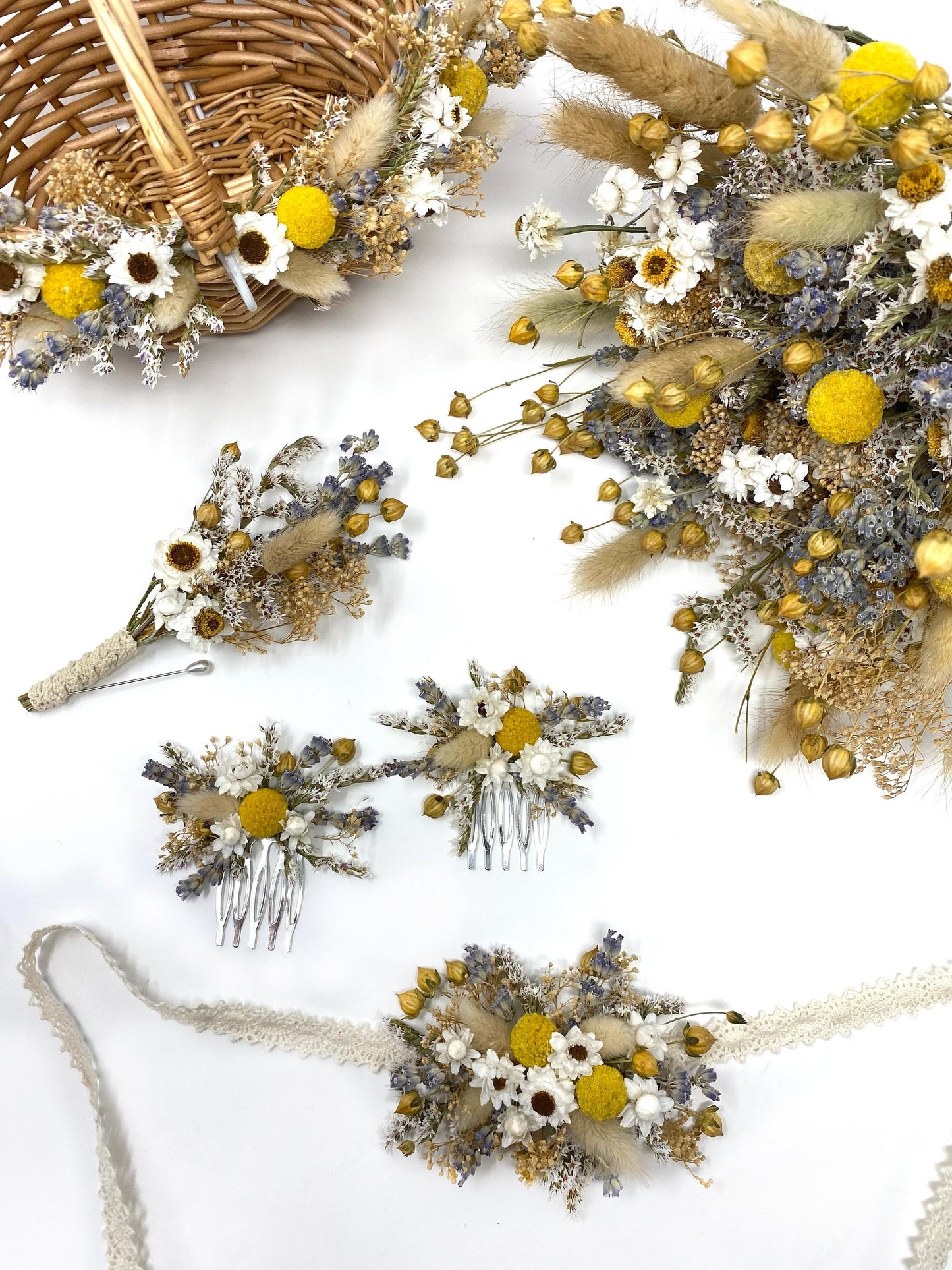 Wedding Bouquet, Fall Decor, Throw bouquet, Lavender, Ammobium, Yellow, Purple, Bunny Tails, German Statice, Bridal, Dried Flowers, Natural