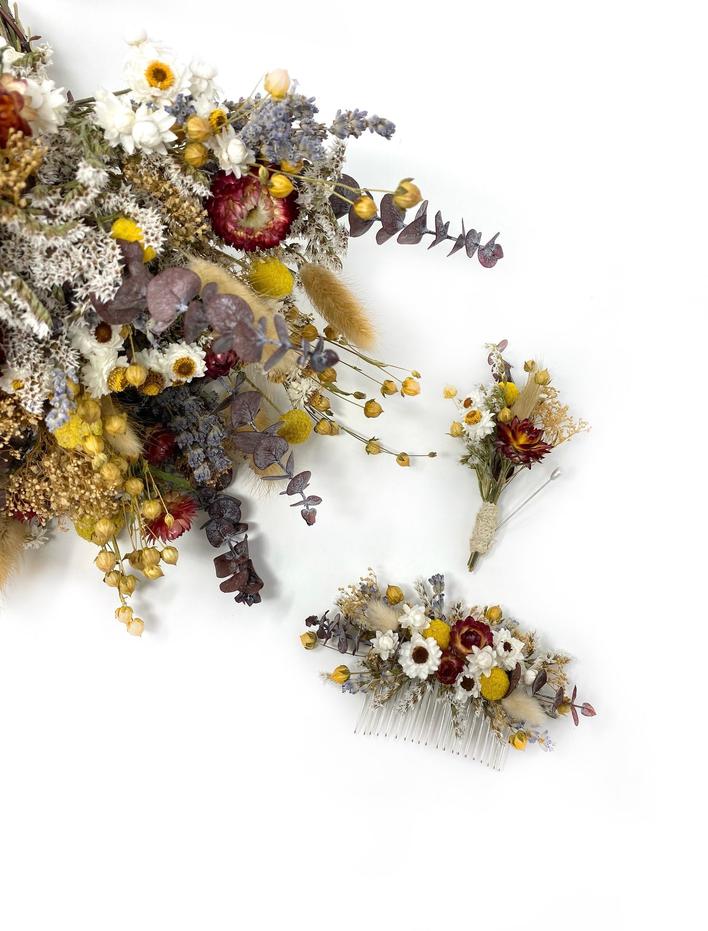 Wedding Bouquet, Fall, Dried Flowers, Preserved Floral, Rustic, Ammobium, bunny tails, Bridal, Red, Throw Bouquet, Strawflowers, Yellow