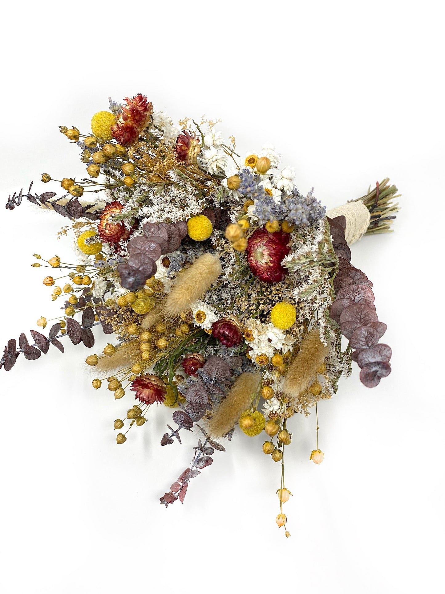 Wedding Bouquet, Fall, Dried Flowers, Preserved Floral, Rustic, Ammobium, bunny tails, Bridal, Red, Throw Bouquet, Strawflowers, Yellow