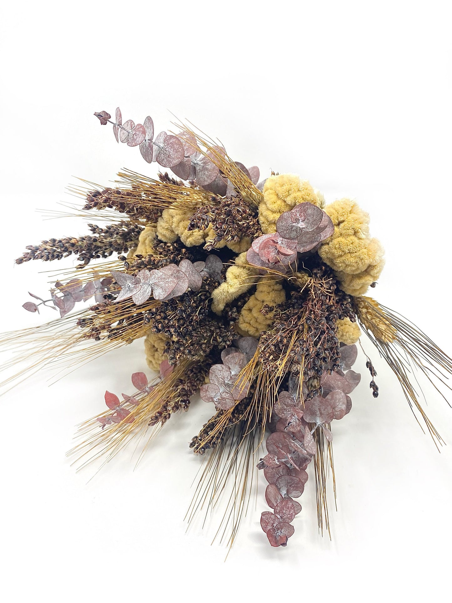 Wedding Bouquet, preserved flowers, eucalyptus, Cream, Coxcomb, Black Wheat, Black Sorghum, bridal