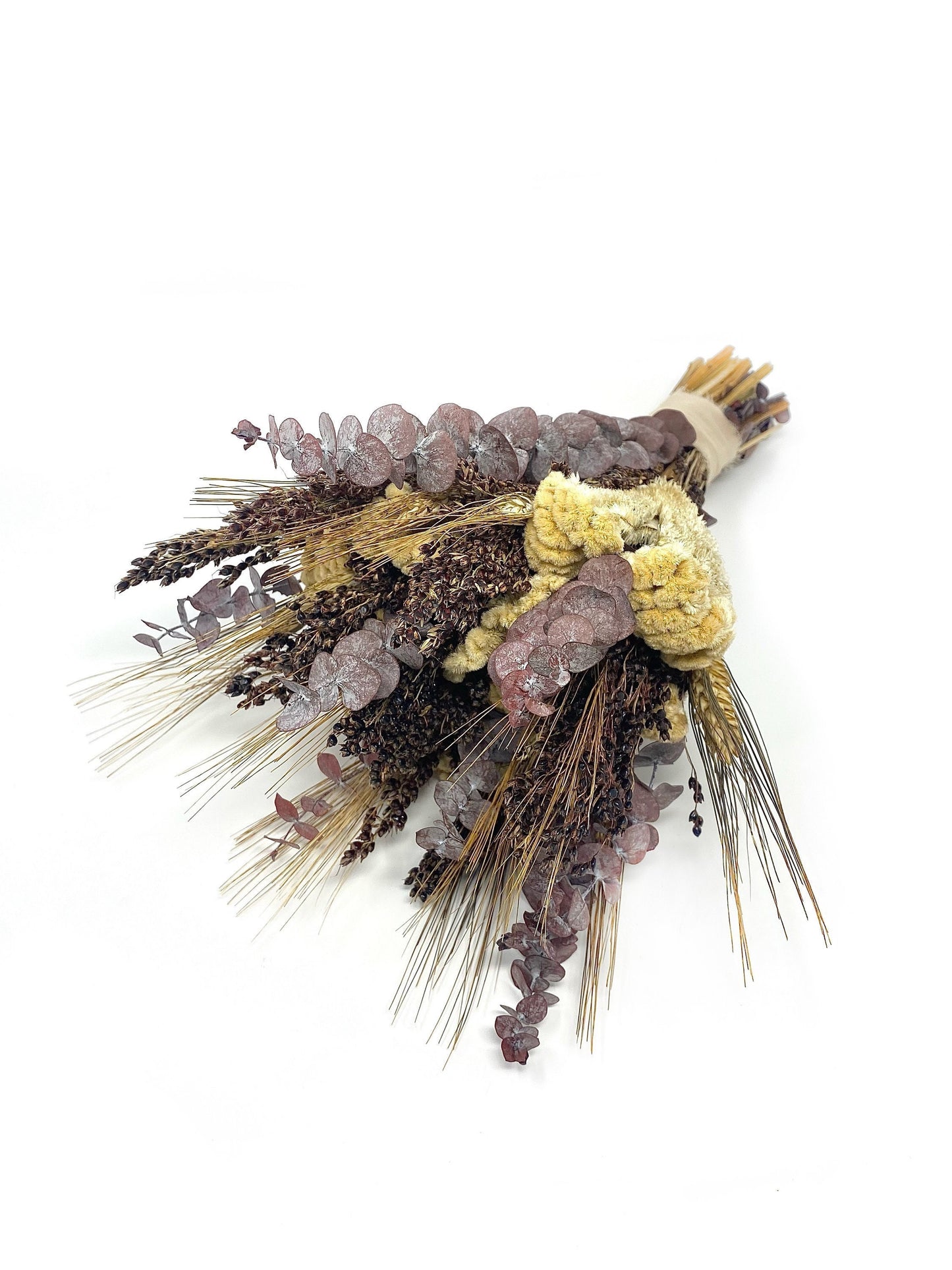 Wedding Bouquet, preserved flowers, eucalyptus, Cream, Coxcomb, Black Wheat, Black Sorghum, bridal