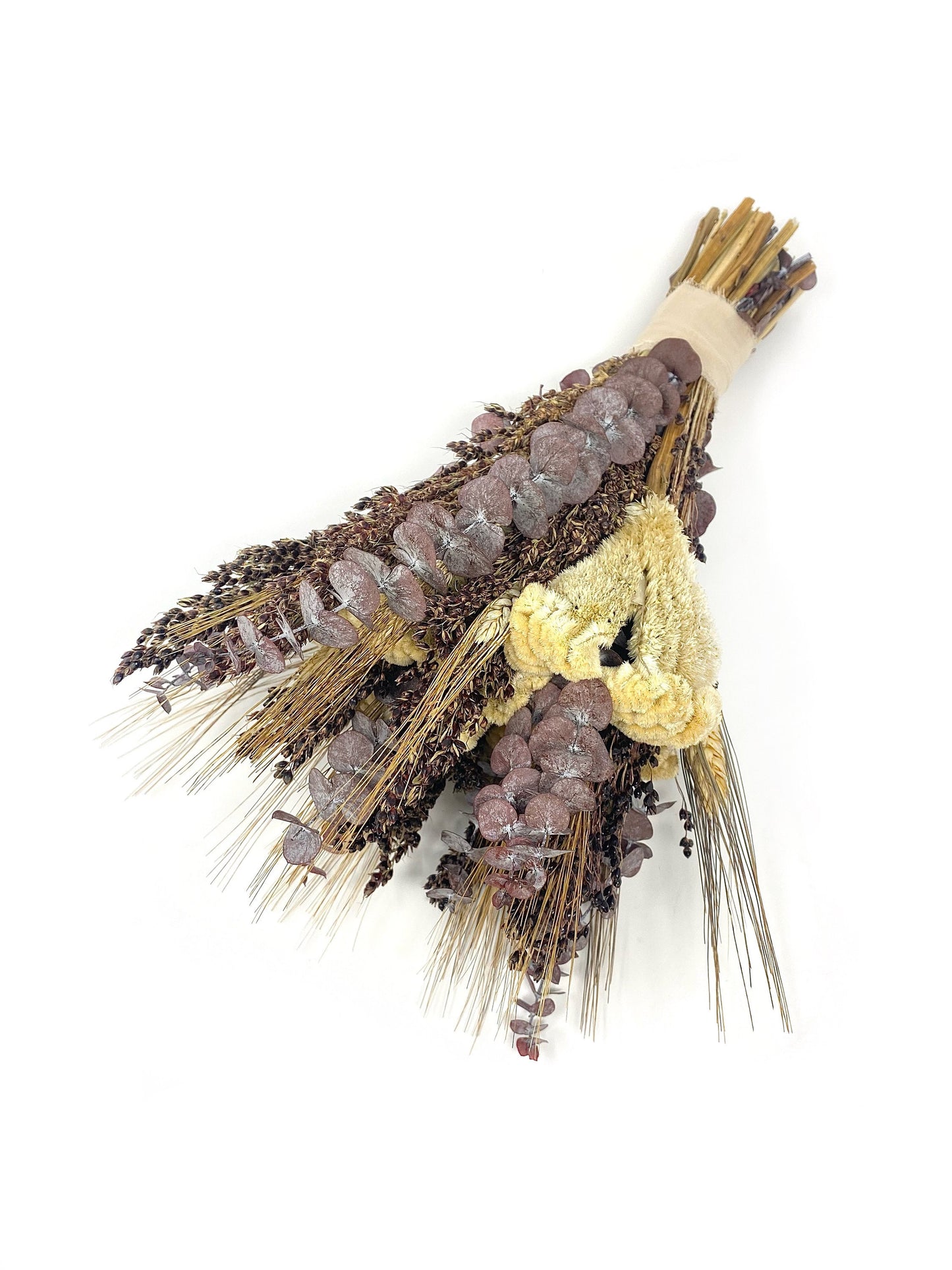 Wedding Bouquet, preserved flowers, eucalyptus, Cream, Coxcomb, Black Wheat, Black Sorghum, bridal