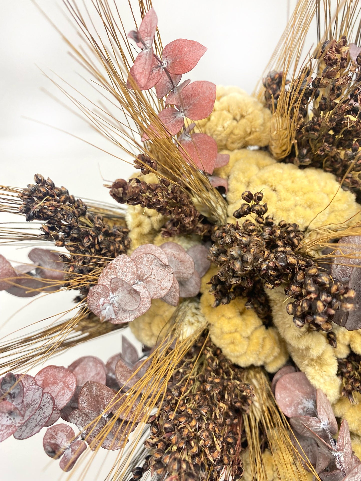 Wedding Bouquet, preserved flowers, eucalyptus, Cream, Coxcomb, Black Wheat, Black Sorghum, bridal