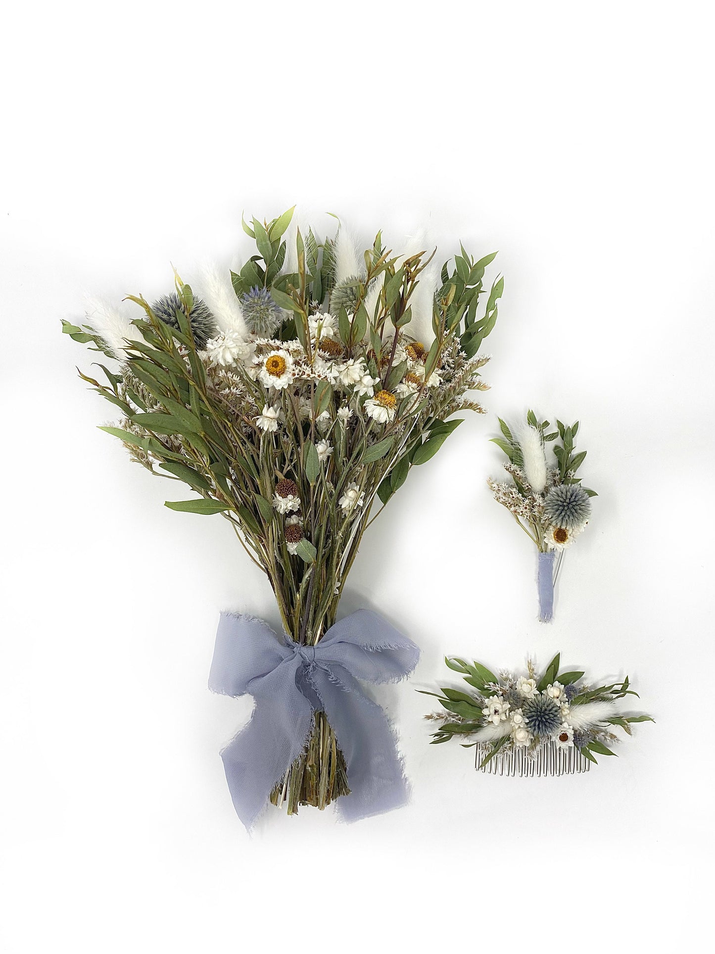 Wedding Bouquet, Dried Flowers, Preserved Floral, Rustic, Ammobium, bunny tails, Bridal, Winter, Throw Bouquet, Spring, Blue and White