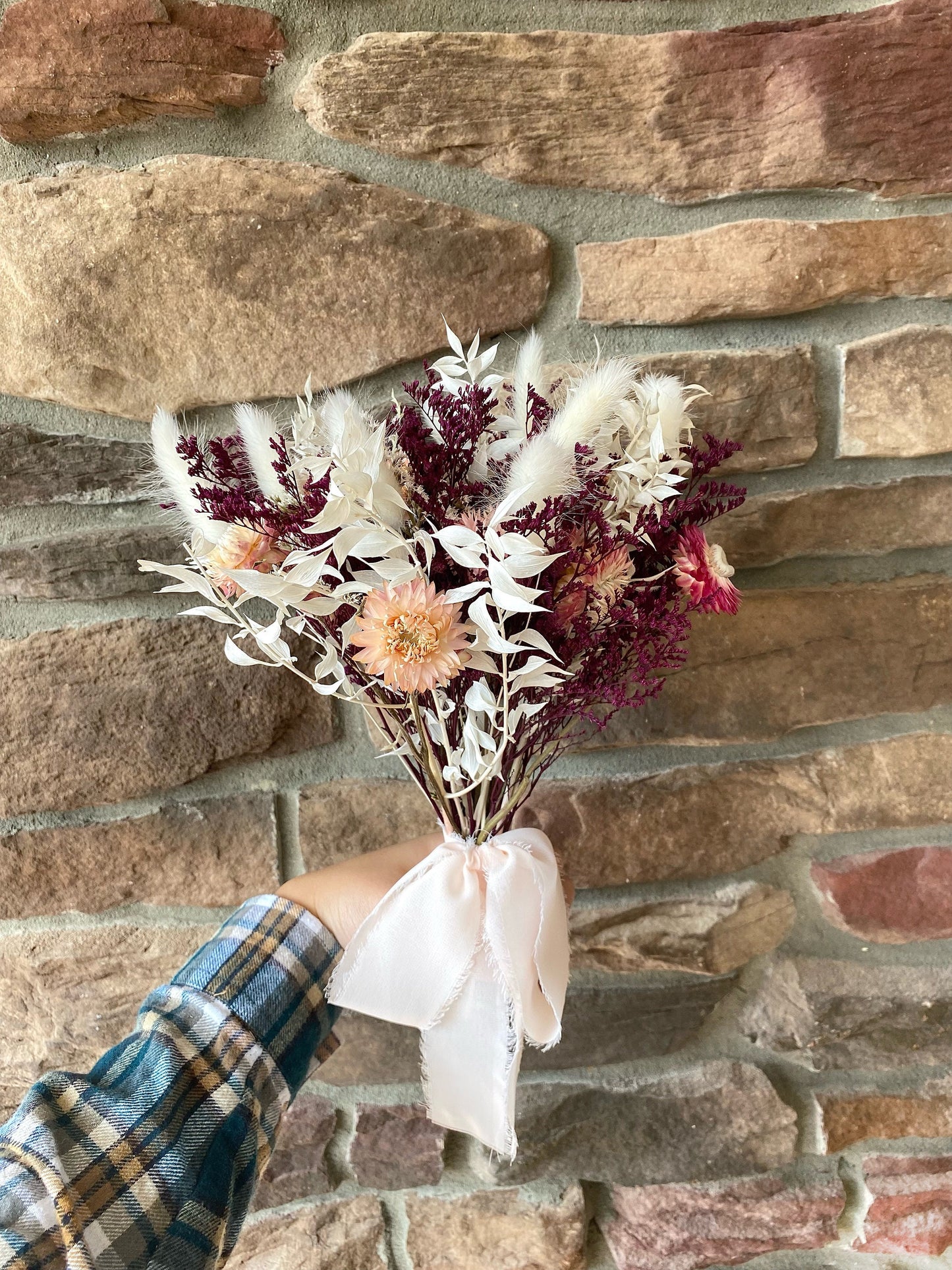 Wedding Bouquet, Dried Flowers, Preserved Floral, Rustic, Bunny Tails, Bridal, Strawflowers, Throw Bouquet, Spring, Pink, Purple, White