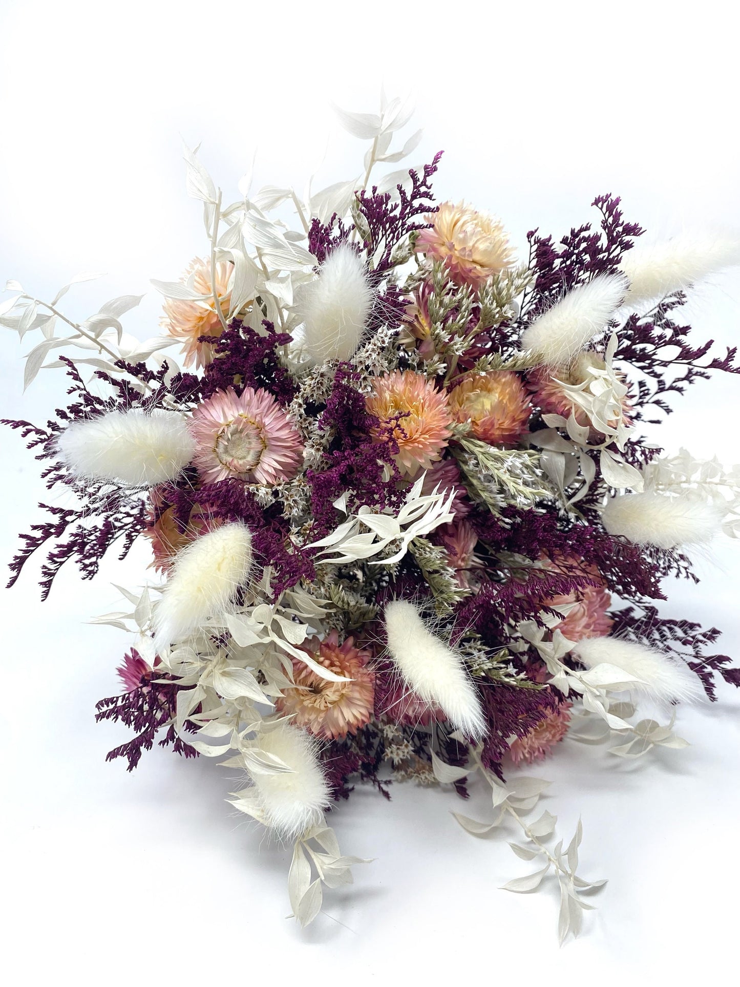 Wedding Bouquet, Dried Flowers, Preserved Floral, Rustic, Bunny Tails, Bridal, Strawflowers, Throw Bouquet, Spring, Pink, Purple, White
