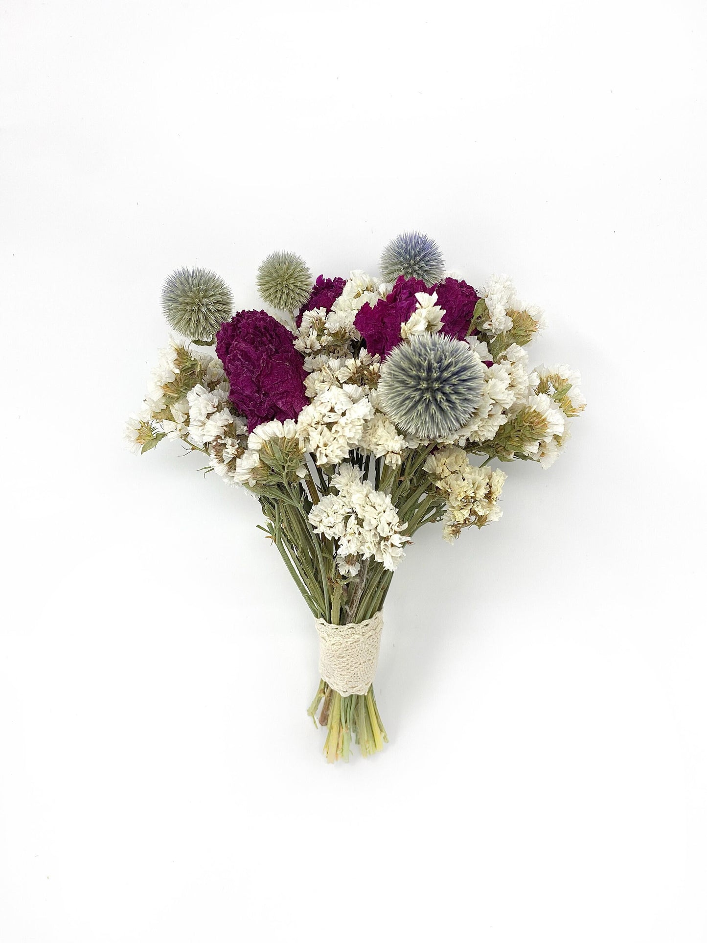 Wedding Bouquet, Winter theme, globe thistle, Peony, white situata statice, colorful, decor, green, pink, blue, burgundy, wedding
