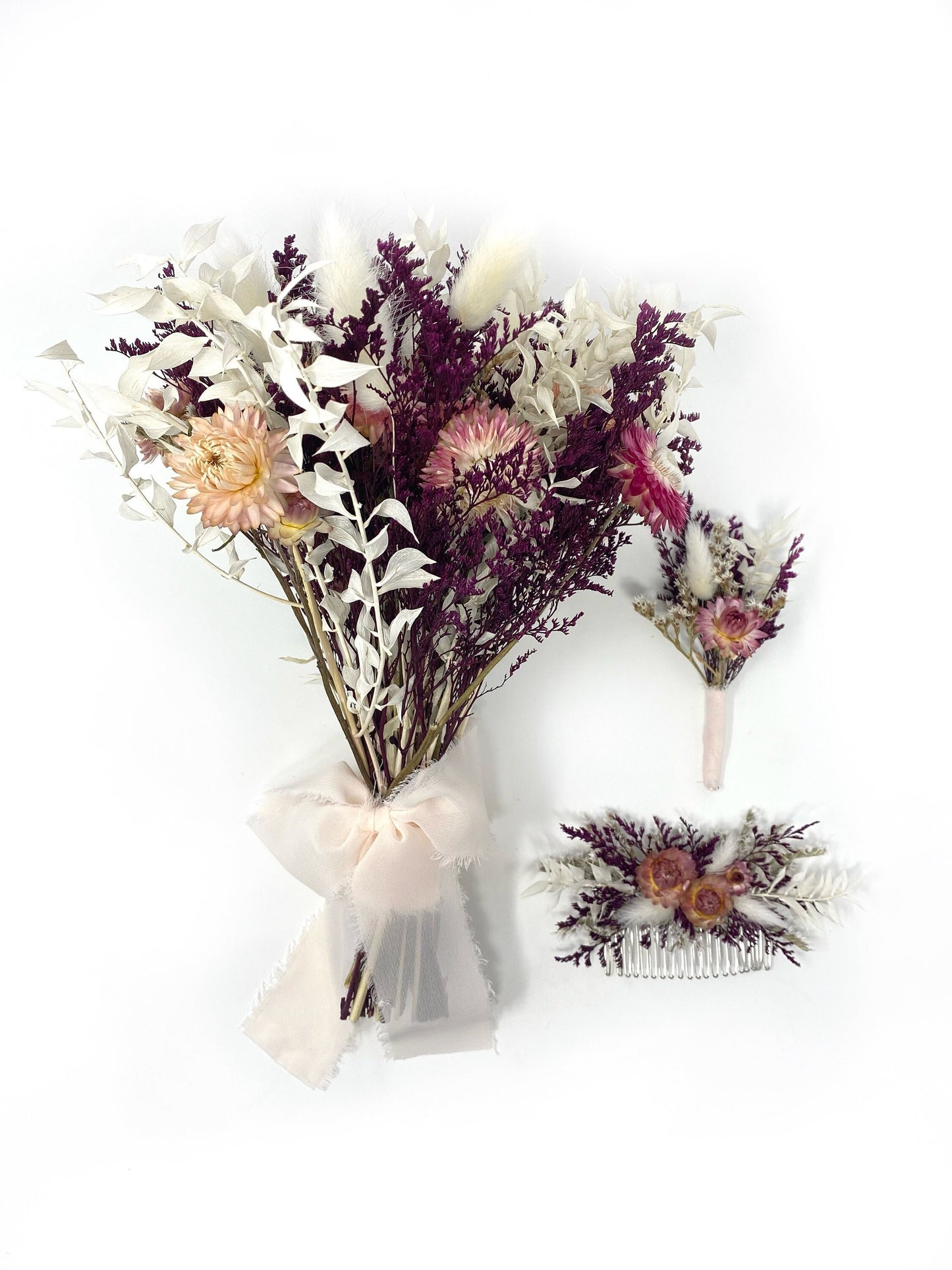 Wedding Bouquet, Dried Flowers, Preserved Floral, Rustic, Bunny Tails, Bridal, Strawflowers, Throw Bouquet, Spring, Pink, Purple, White