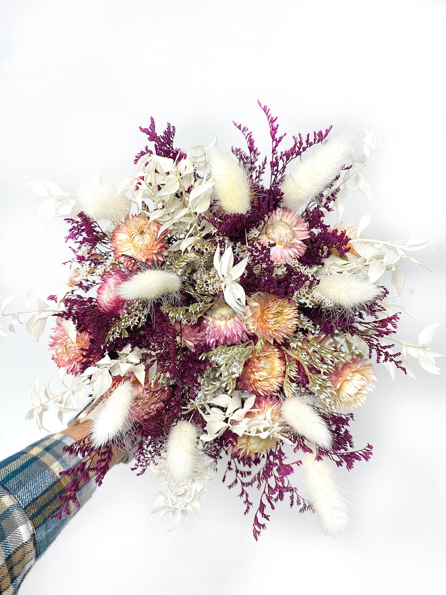 Wedding Bouquet, Dried Flowers, Preserved Floral, Rustic, Bunny Tails, Bridal, Strawflowers, Throw Bouquet, Spring, Pink, Purple, White