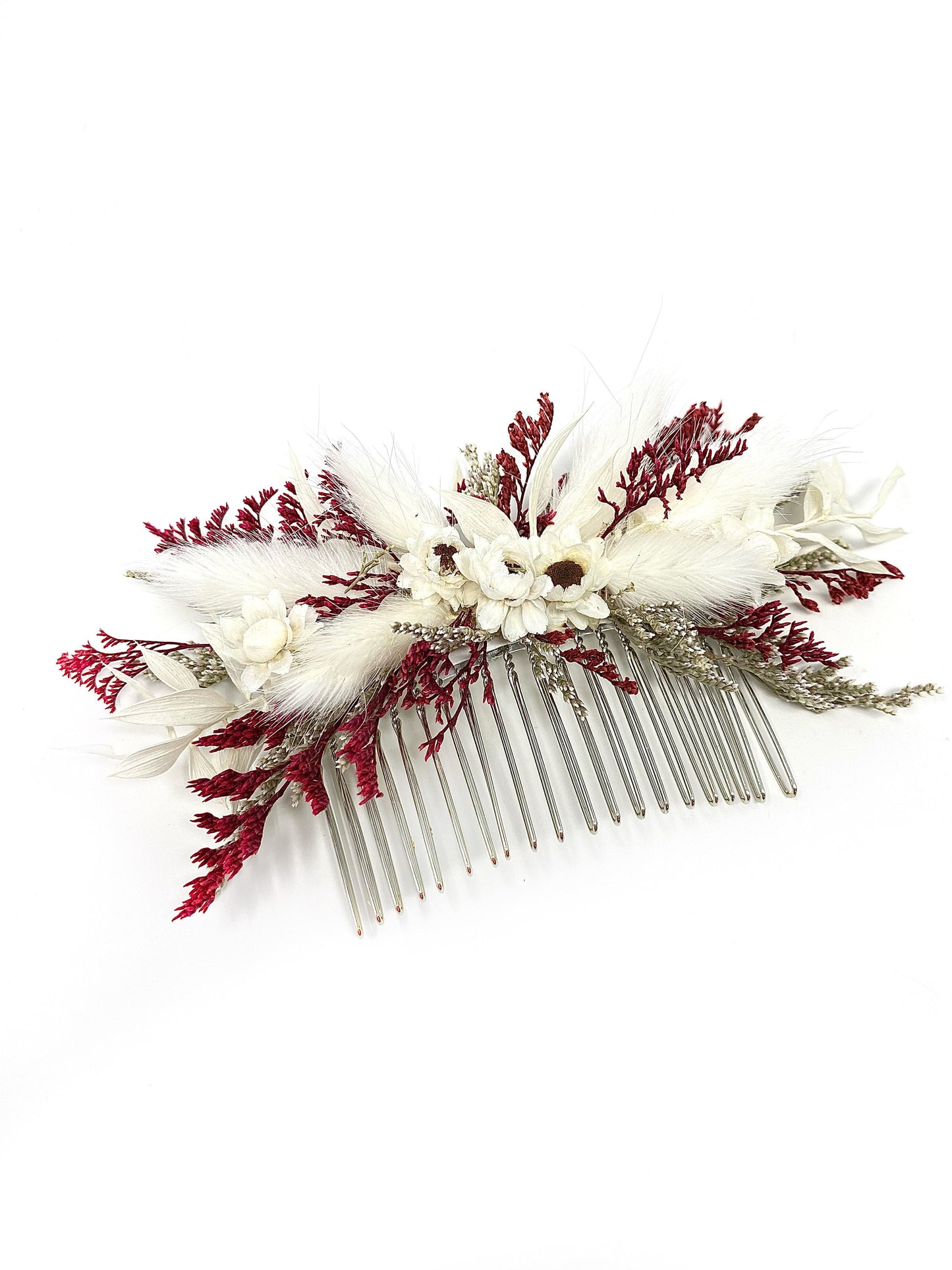 Red and White Hair Comb, Hair Pins, Burgundy Wedding Accessory, Floral Preserved Clip, Dried Flowers, Prom, Hair Accessory, Simple, Bridal