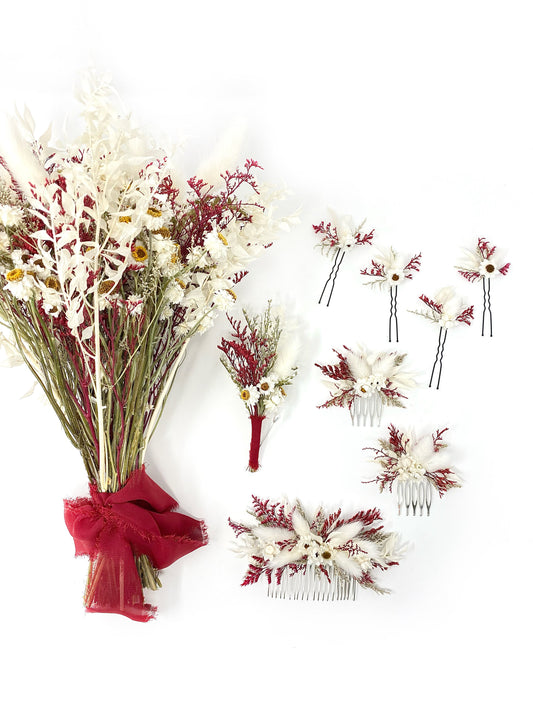Red and White Bouquet, Christmas Wedding, Burgundy Dried Flowers, Preserved Floral, Rustic, Bunny Tails, Bridal, Winter, Throw, Spring