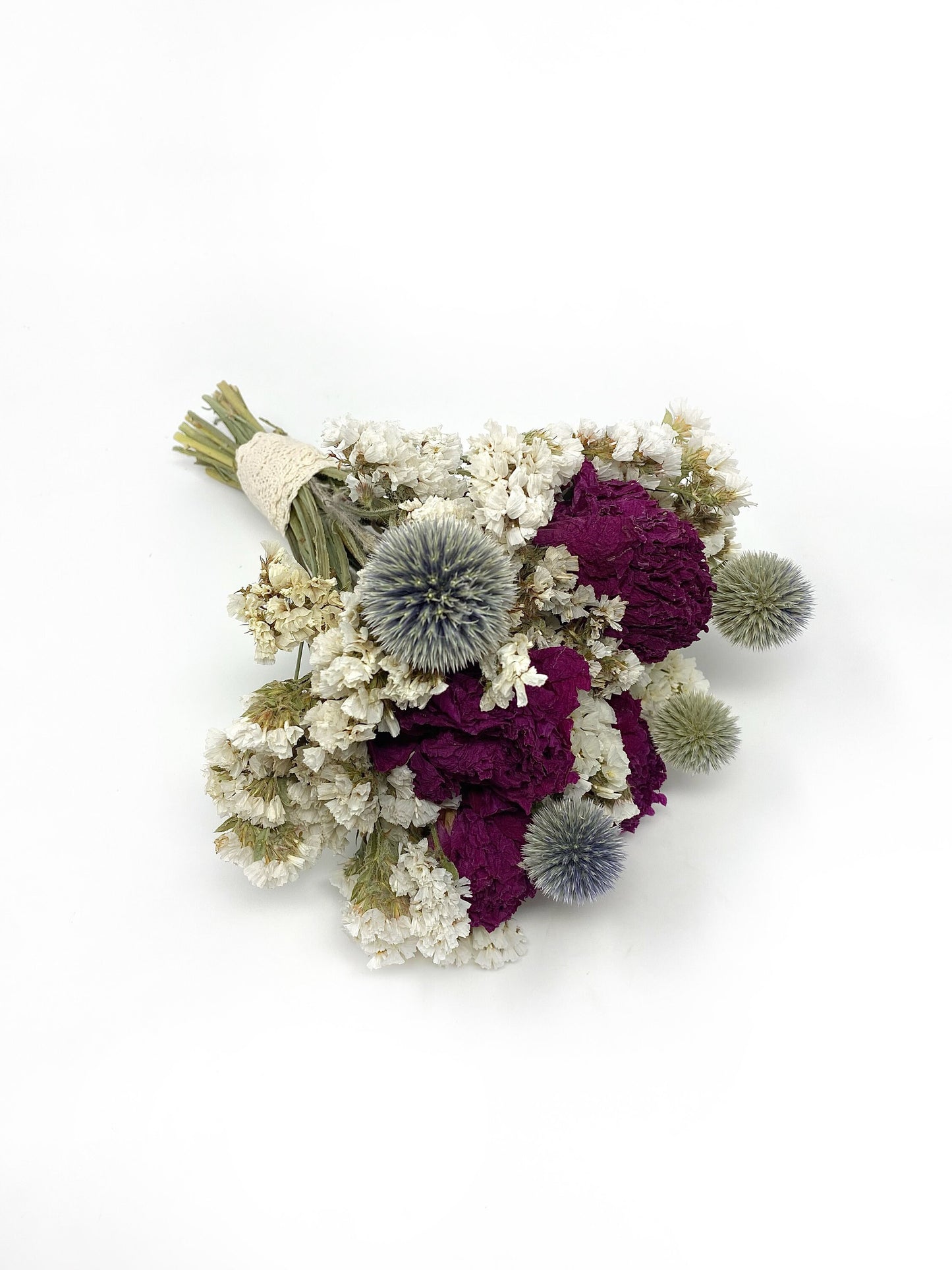 Wedding Bouquet, Winter theme, globe thistle, Peony, white situata statice, colorful, decor, green, pink, blue, burgundy, wedding