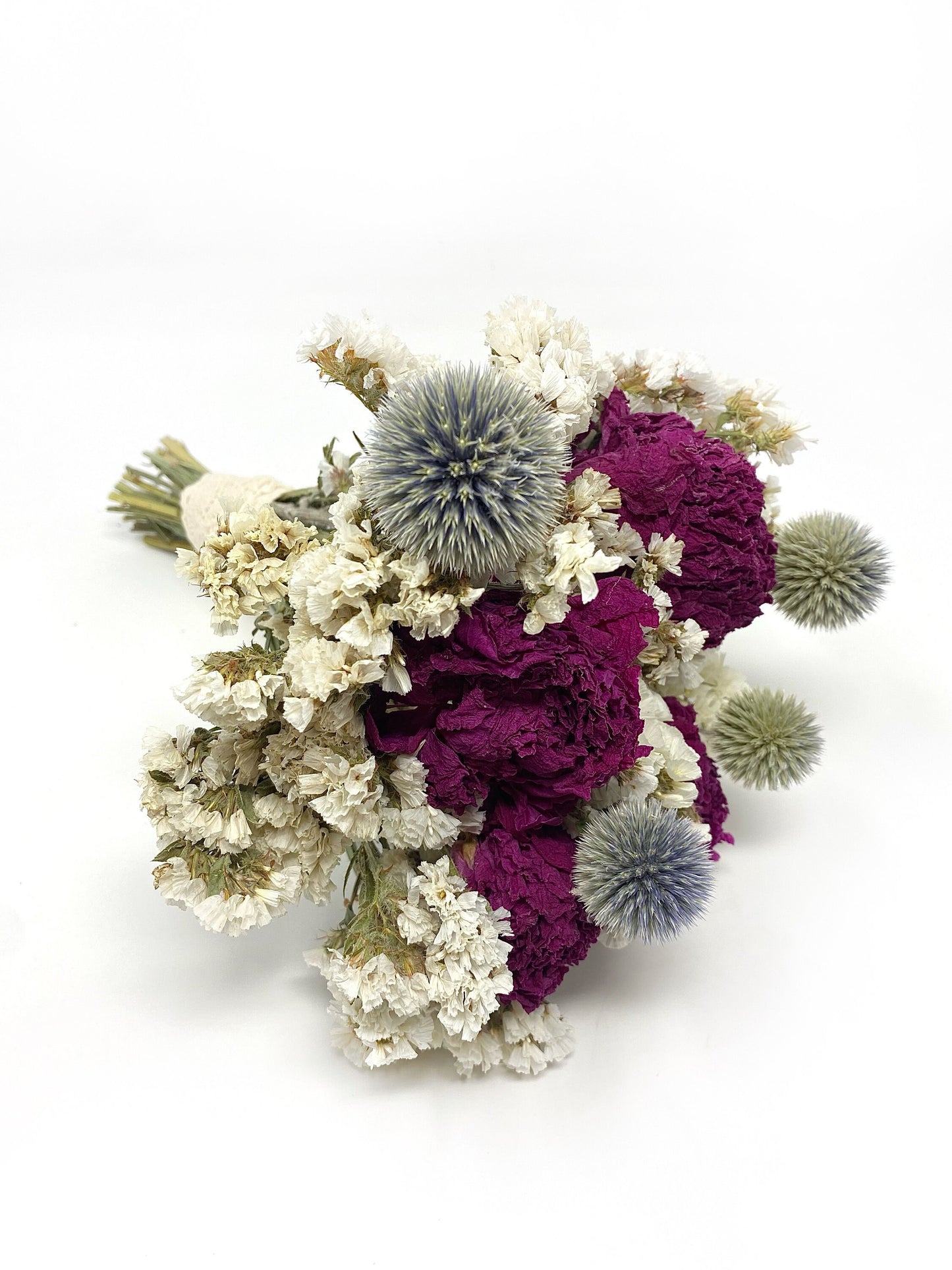Wedding Bouquet, Winter theme, globe thistle, Peony, white situata statice, colorful, decor, green, pink, blue, burgundy, wedding