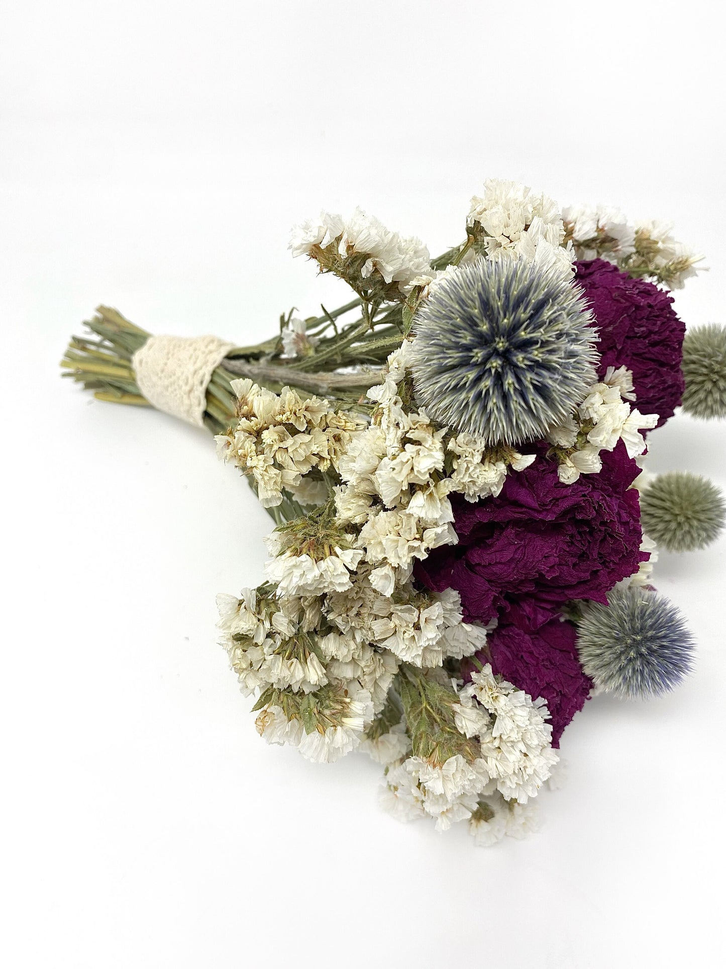 Wedding Bouquet, Winter theme, globe thistle, Peony, white situata statice, colorful, decor, green, pink, blue, burgundy, wedding