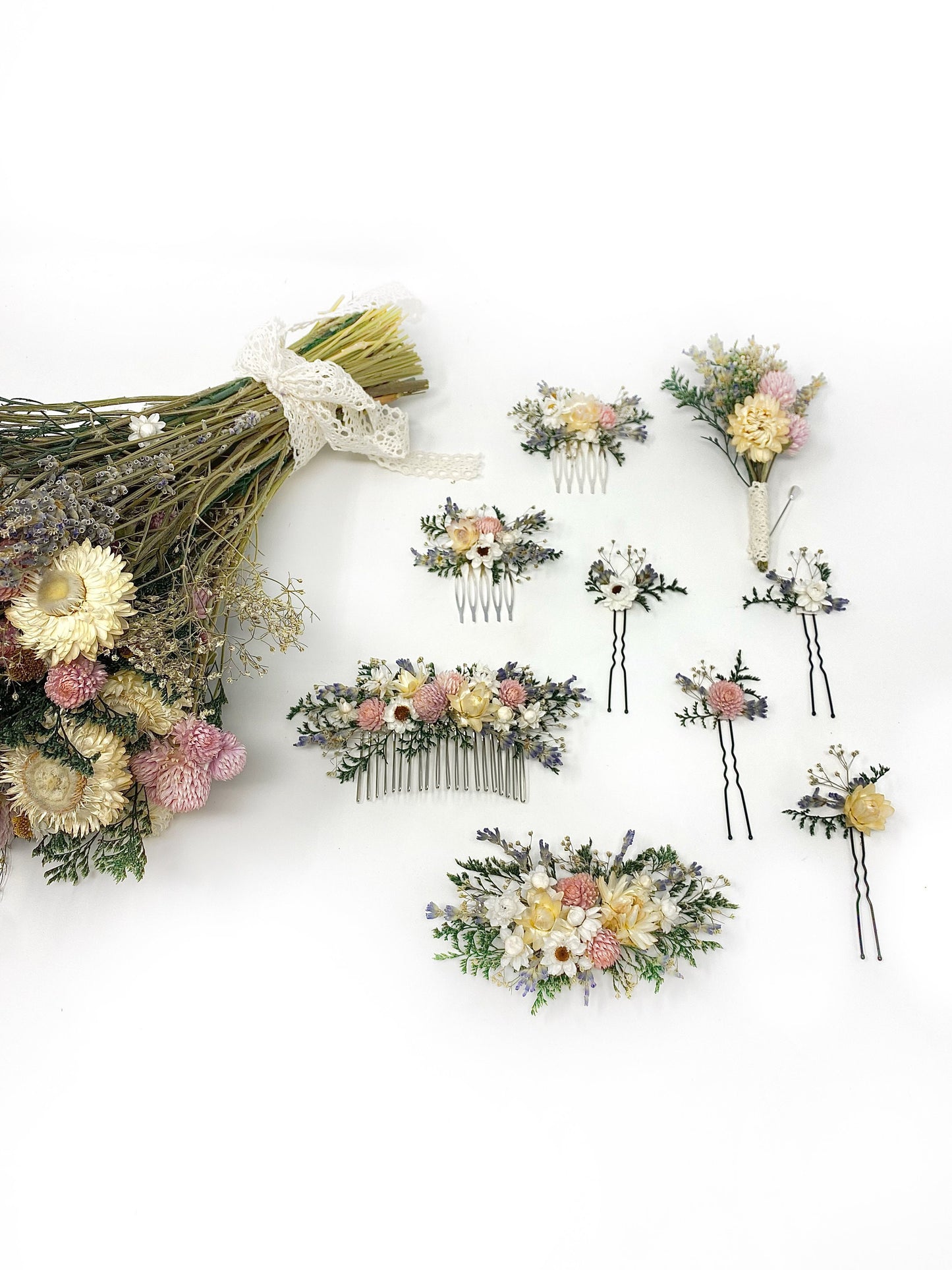 Wedding Bouquet, Dried Flowers, Preserved Floral, Rustic, Ammobium, Bridal, Winter, Throw Bouquet, Spring, Pink and White, Fairy, Lavender