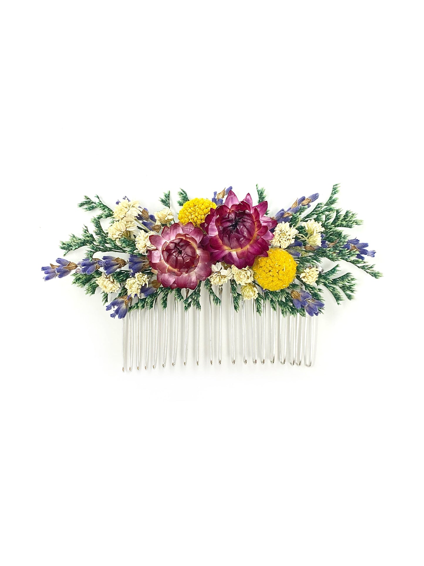 Hair Comb, Summer Hair Pins, Dried flowers, Preserved, Floral Comb, Clip, Wedding, Corsage, Prom, Bridal, Purple, White, Yellow, Green