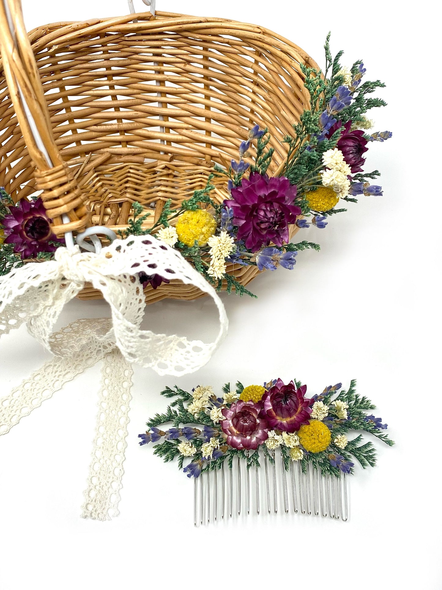 Hair Comb, Summer Hair Pins, Dried flowers, Preserved, Floral Comb, Clip, Wedding, Corsage, Prom, Bridal, Purple, White, Yellow, Green