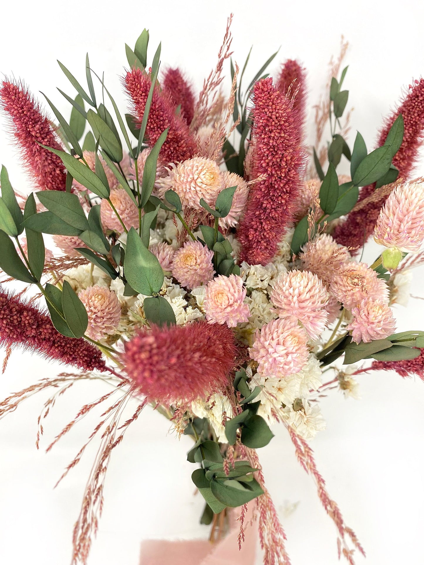 Wedding Bouquet, Dried Flowers, Majestic, Preserved Floral, Bridal, Ribbon, Pink Bouquet, Green and White, Red Silk, Summer, Spring, Gift