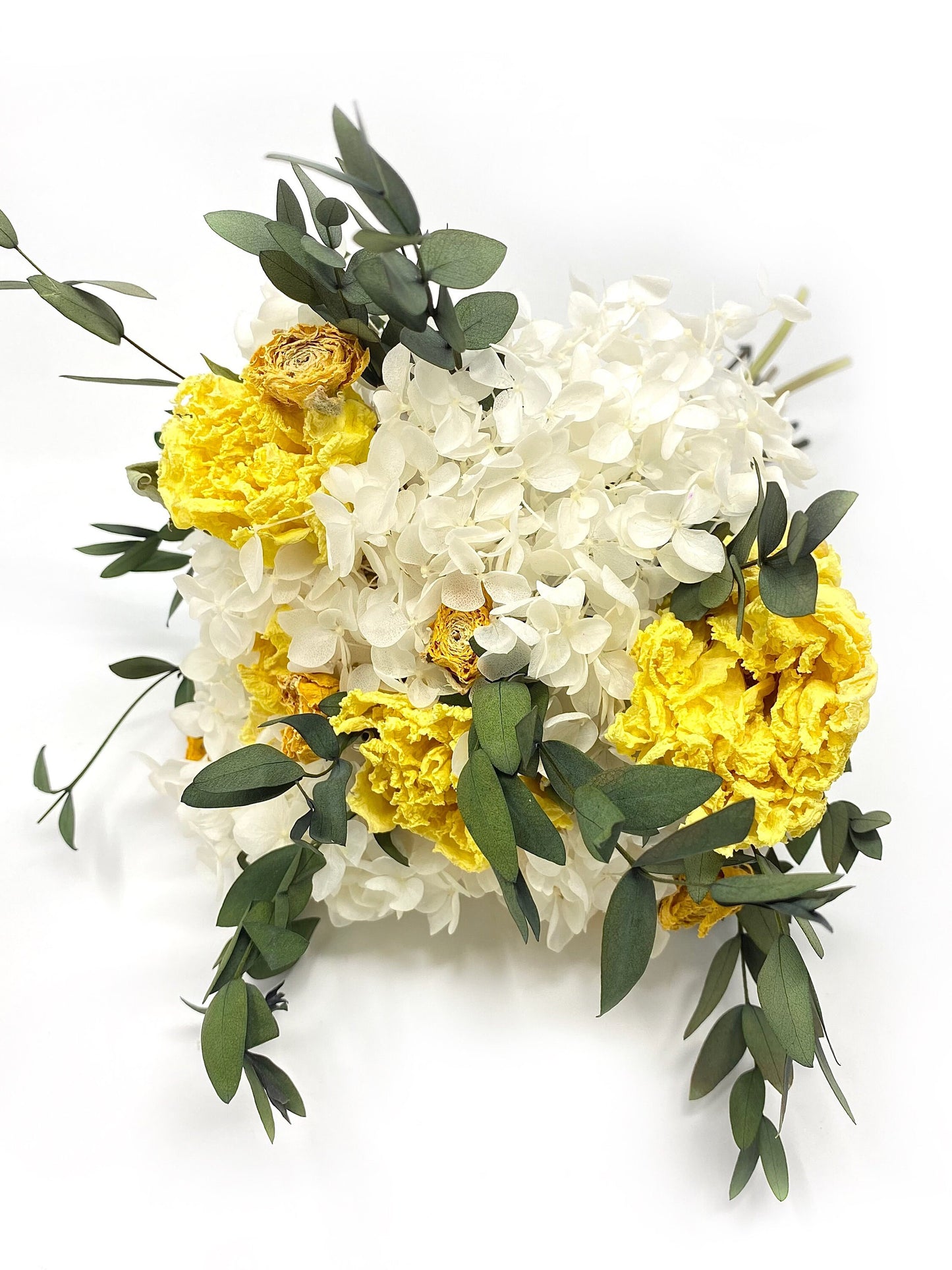 Yellow Bouquet, Wedding Flowers, Dried Florals, Yellow and White, Throw Bouquet, Peonies, Greenery, Summer Florals, Hydrangeas, Bridal