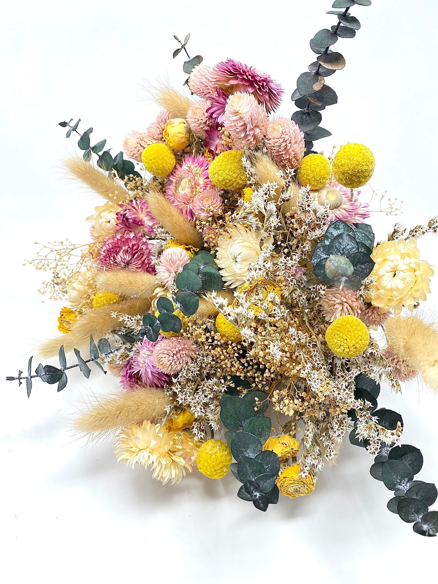 Summer Bouquet, Wedding Flowers, Dried Florals, Pink and Yellow, Throw Bouquet, Majestic, Light colors, Spring, Bridal, Anniversary