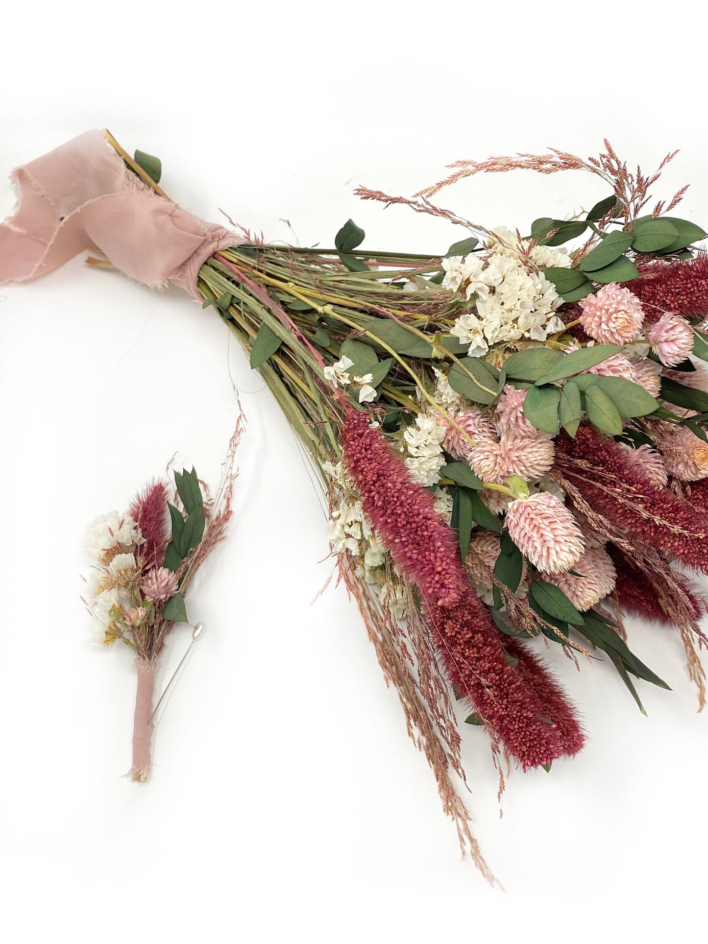 Wedding Bouquet, Dried Flowers, Majestic, Preserved Floral, Bridal, Ribbon, Pink Bouquet, Green and White, Red Silk, Summer, Spring, Gift