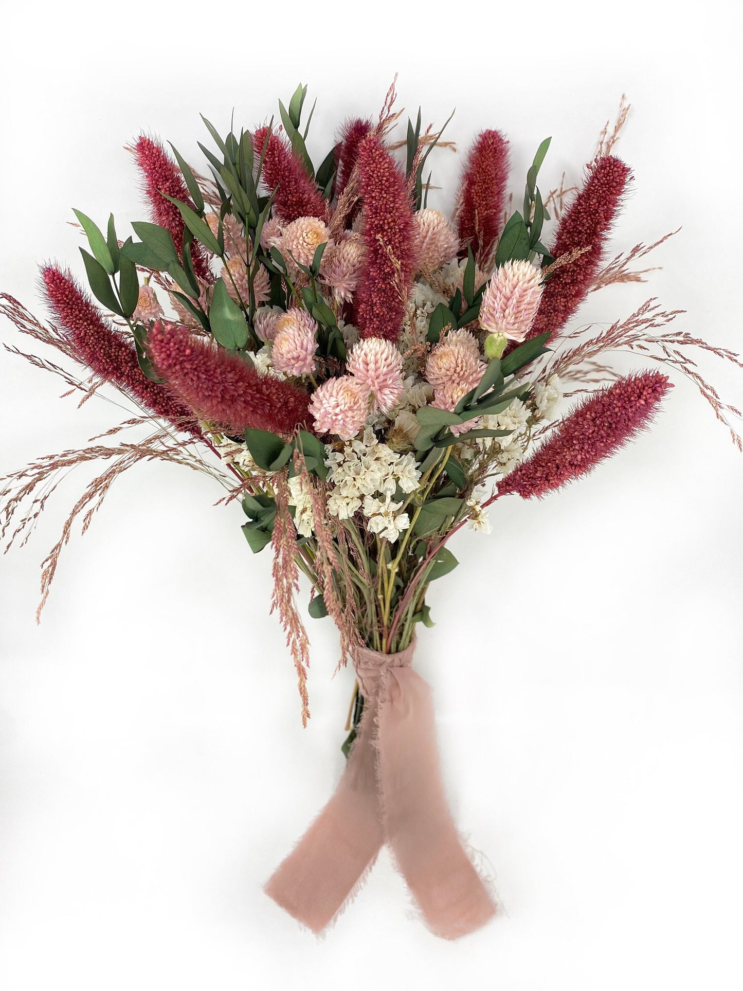 Wedding Bouquet, Dried Flowers, Majestic, Preserved Floral, Bridal, Ribbon, Pink Bouquet, Green and White, Red Silk, Summer, Spring, Gift