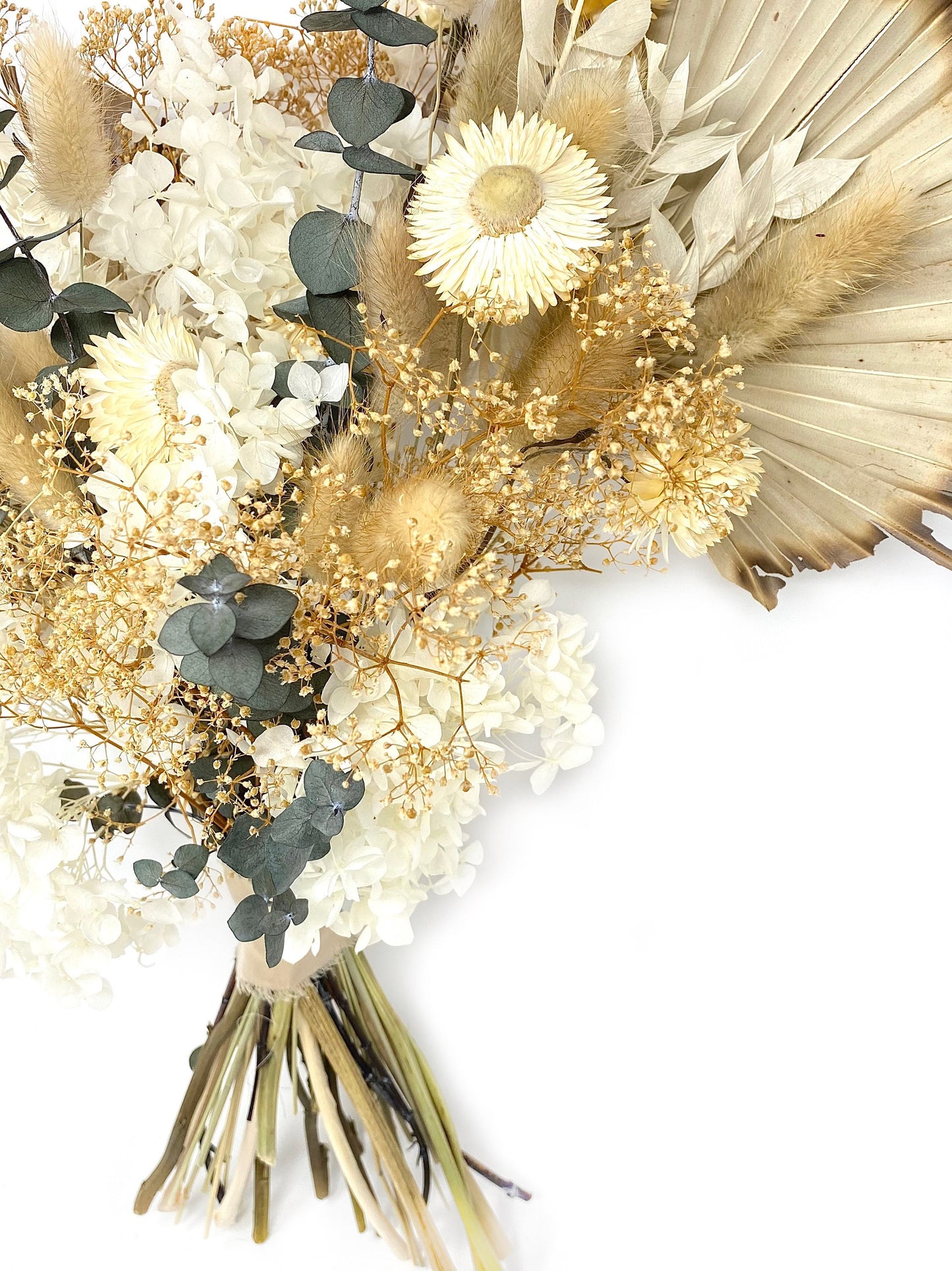 Boho Wedding Bouquet, Dried Flowers, Preserved Floral, Bridal, Ribbon, Palm Leaves, Green and White, All Season Boquet, Neutral, Gift