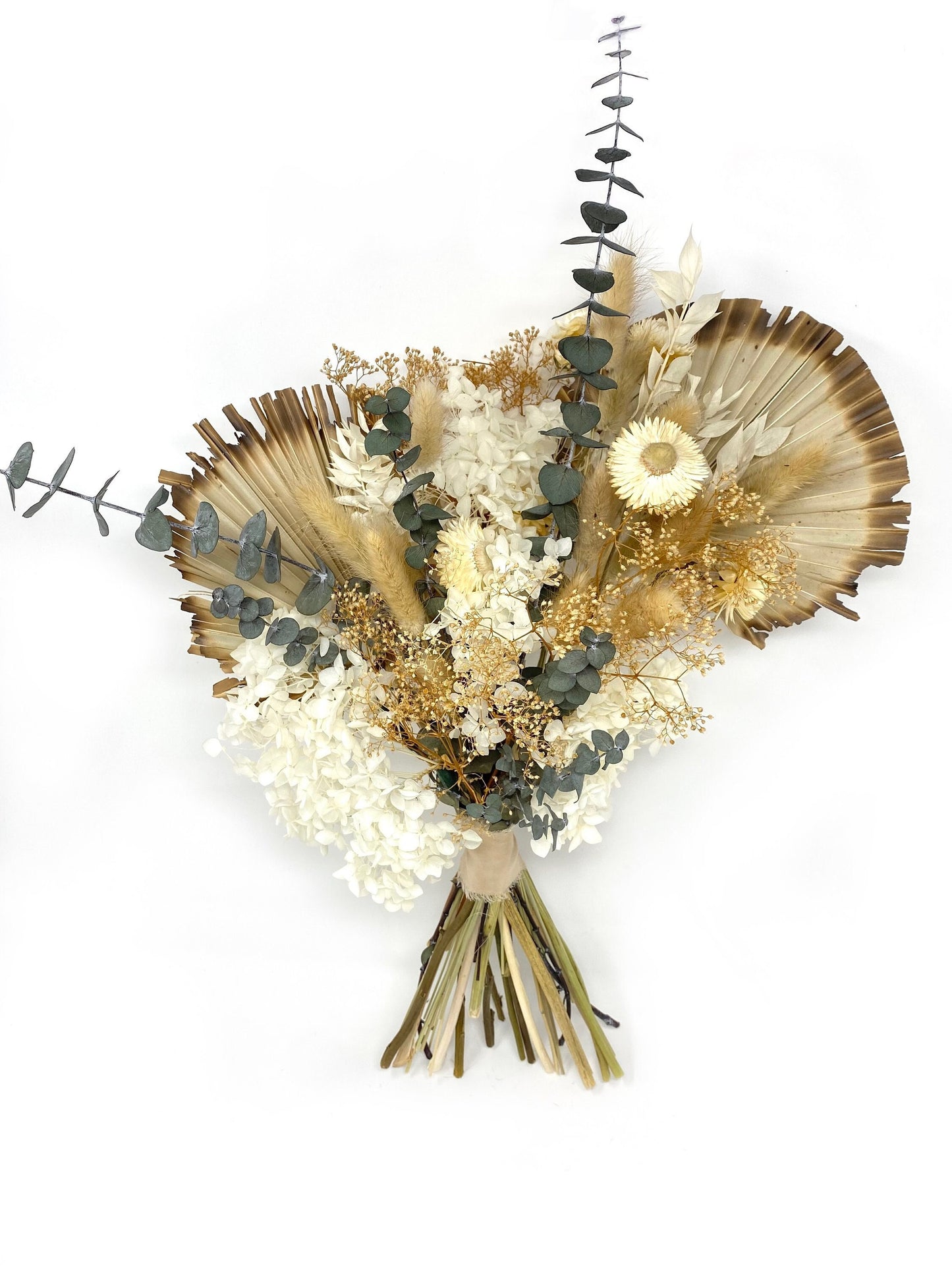 Boho Wedding Bouquet, Dried Flowers, Preserved Floral, Bridal, Ribbon, Palm Leaves, Green and White, All Season Boquet, Neutral, Gift