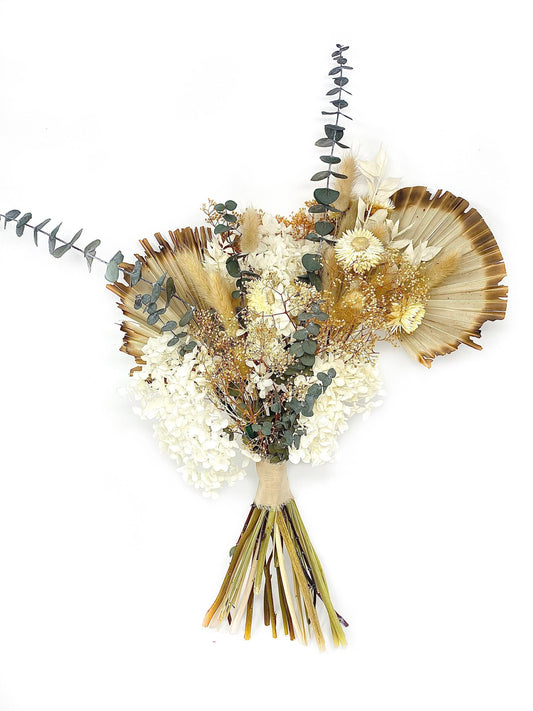Boho Wedding Bouquet, Dried Flowers, Preserved Floral, Bridal, Ribbon, Palm Leaves, Green and White, All Season Boquet, Neutral, Gift